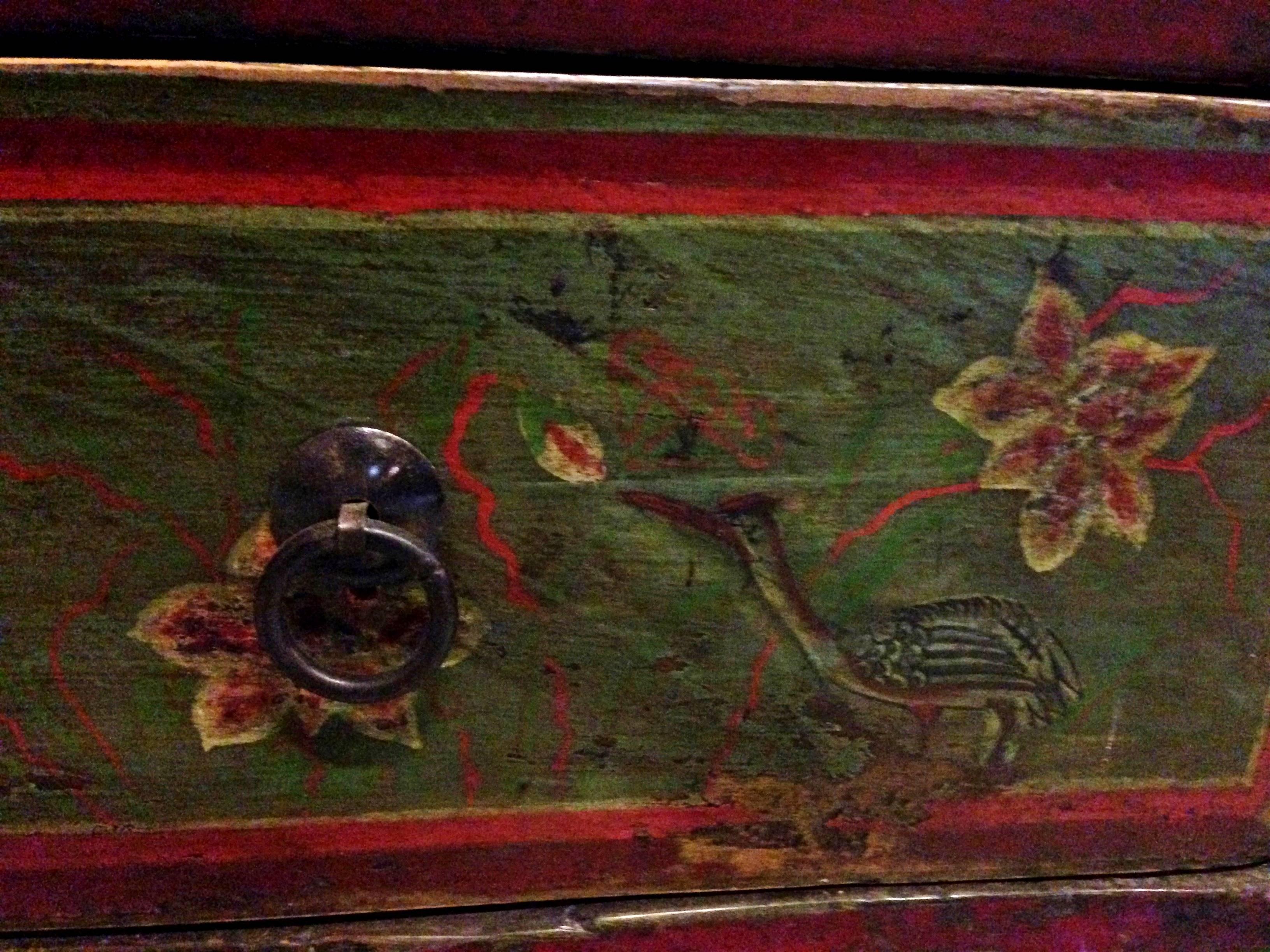 Wood Antique Tribal Chest, Painted with Cranes and Deer