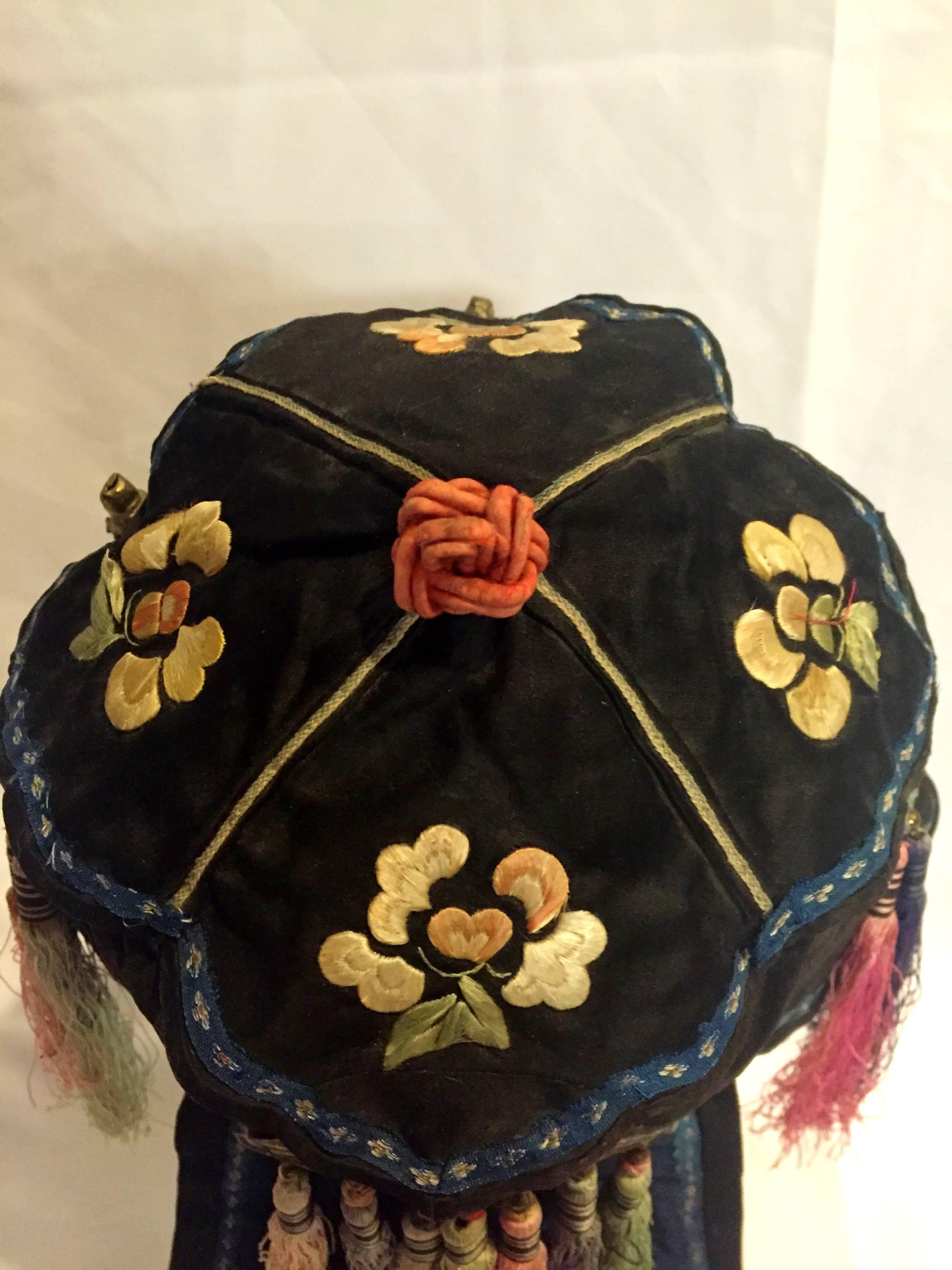 Chinese Antique Silk Embroidered Hat with Full Set of Silver Ornaments