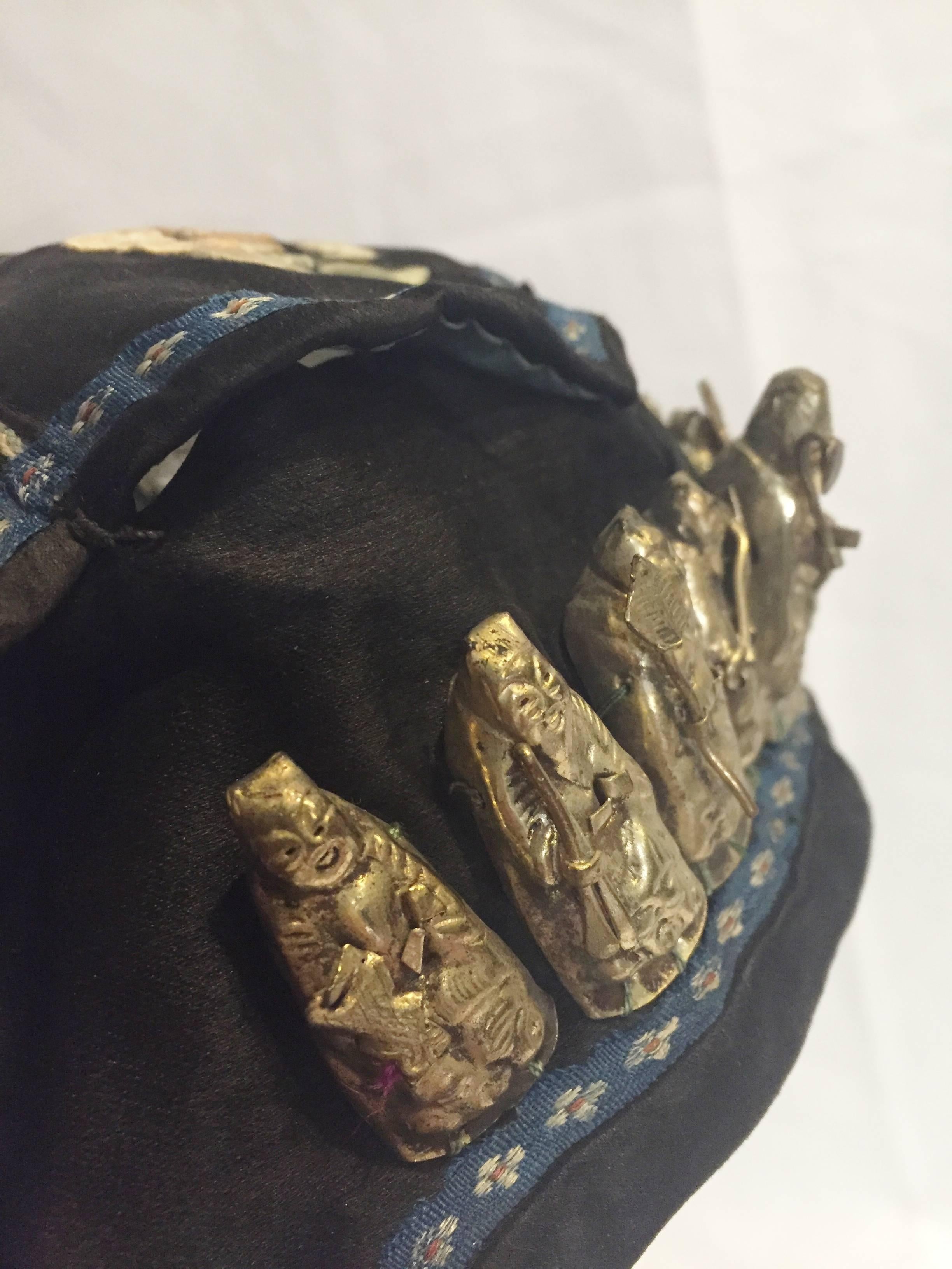 Antique Silk Embroidered Hat with Full Set of Silver Ornaments In Good Condition In Somis, CA