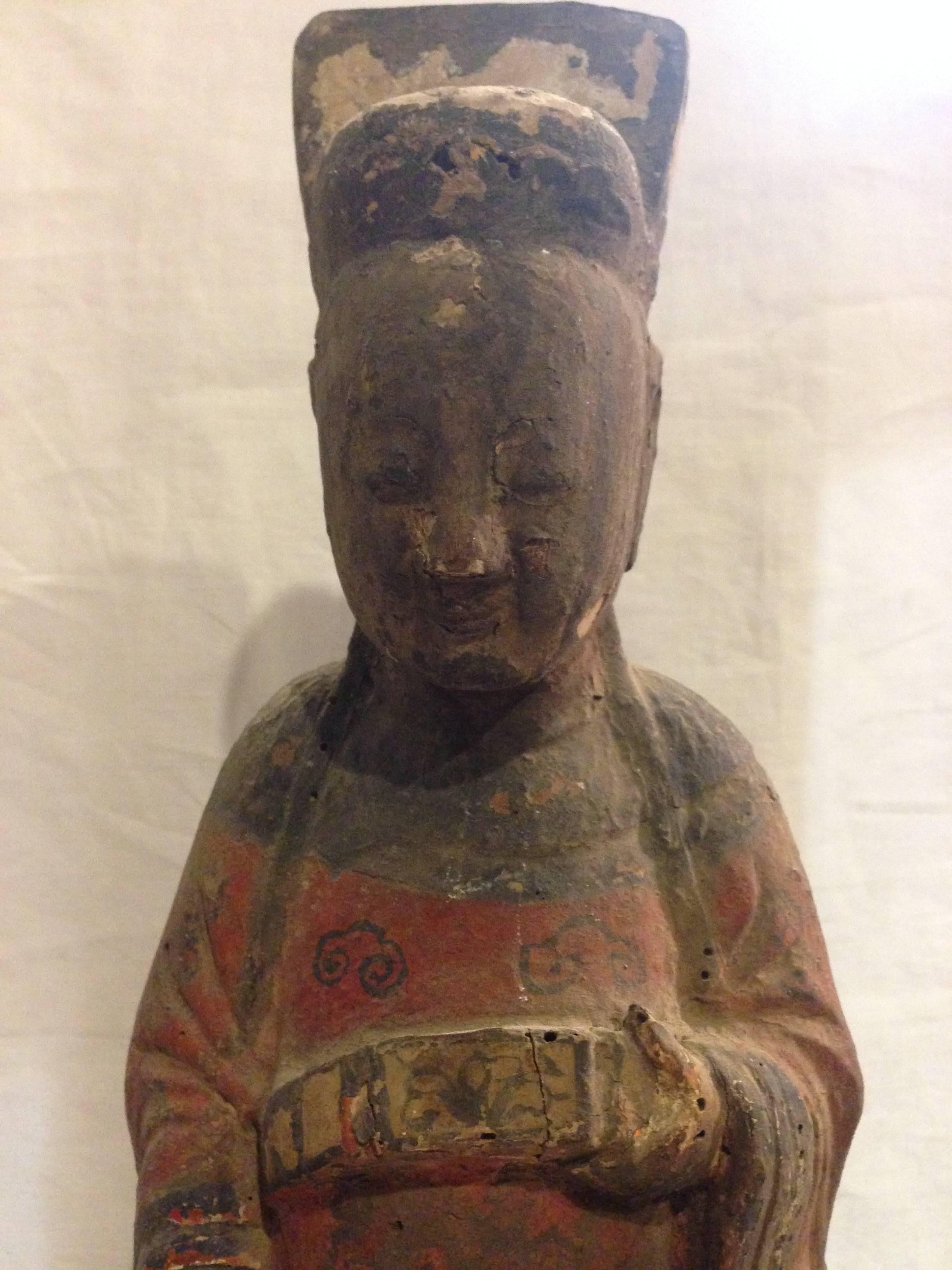 Hand-Crafted Antique Ming Figure of an Official, Early 19th Century Chinese Wood Figure