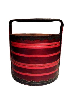 Chinese Antique Bamboo Basket with Painted Lid