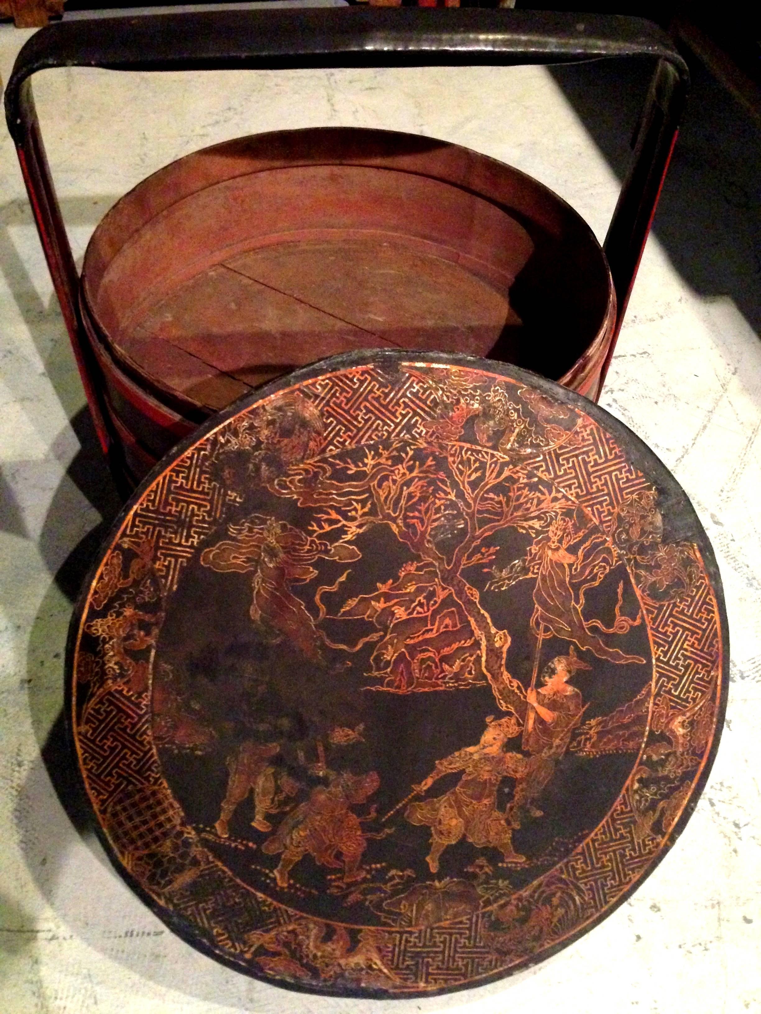 Hand-Crafted Chinese Antique Bamboo Basket with Painted Lid For Sale