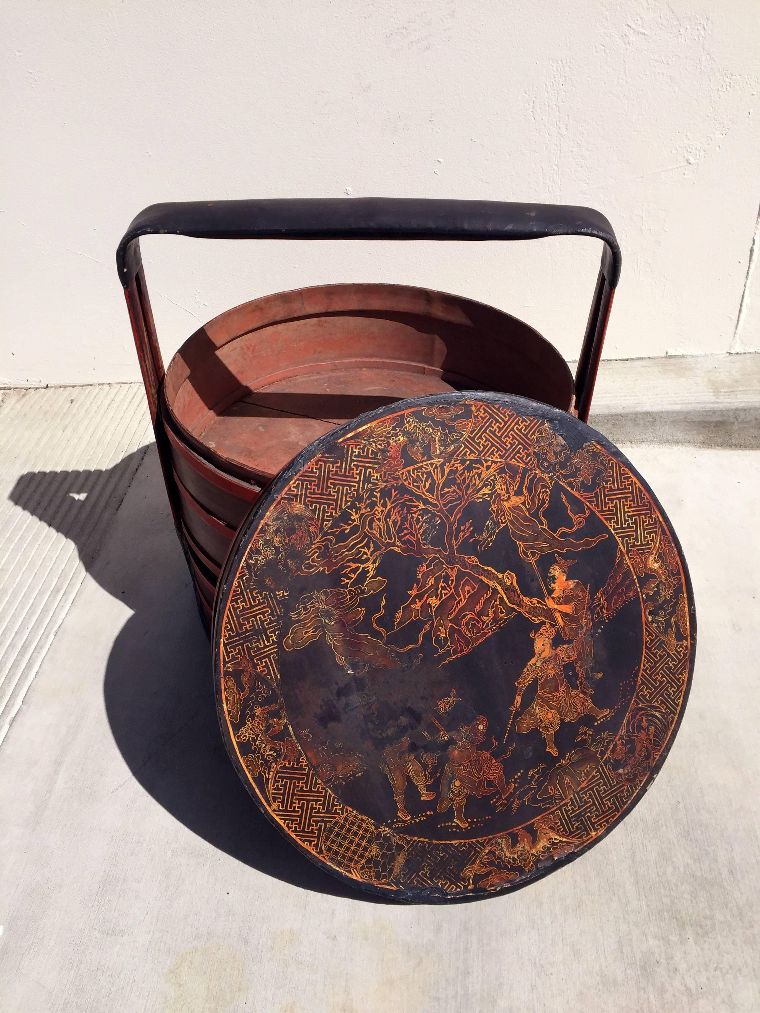 19th Century Chinese Antique Bamboo Basket with Painted Lid For Sale