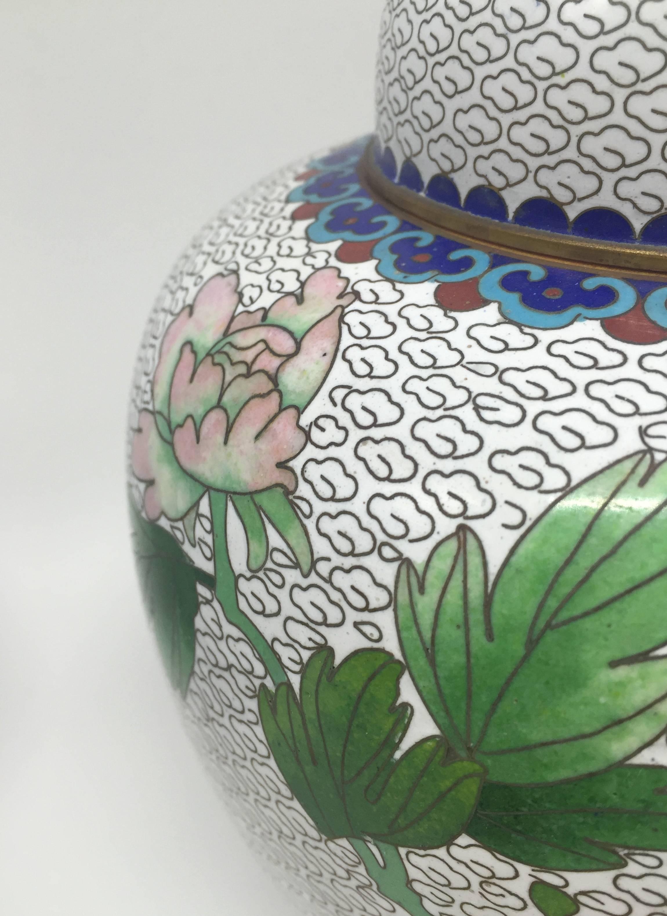 Cloissoné Pair of Cloisonné Ginger Jars, White, Extra Large