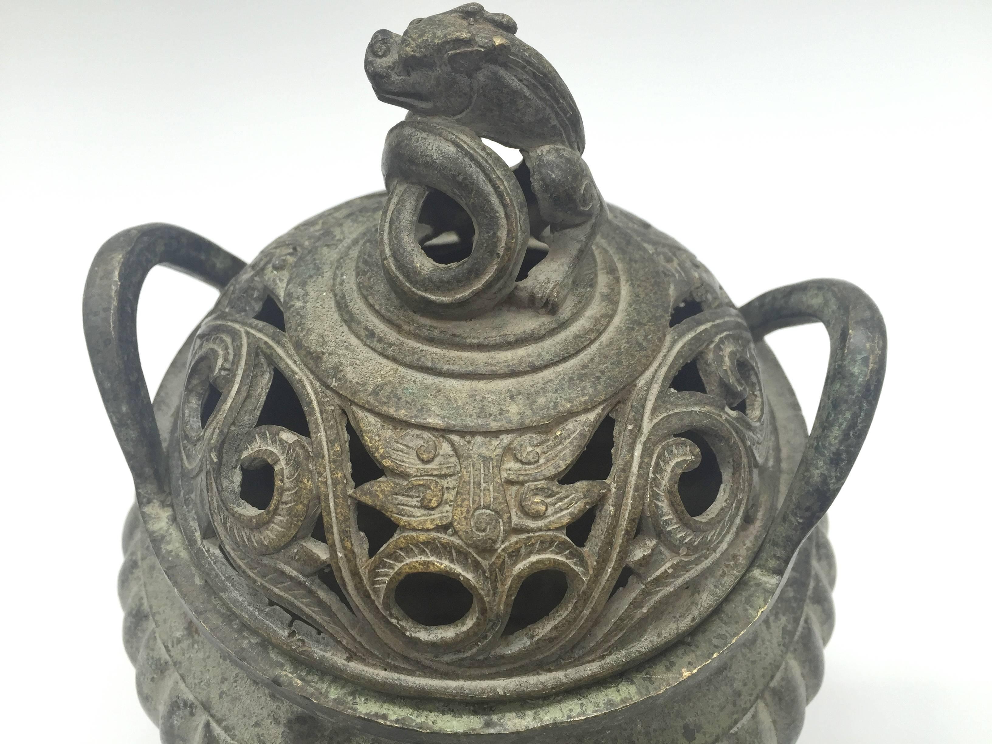 Chinese Ming Style Bronze Incense Burner with Dragon Finial