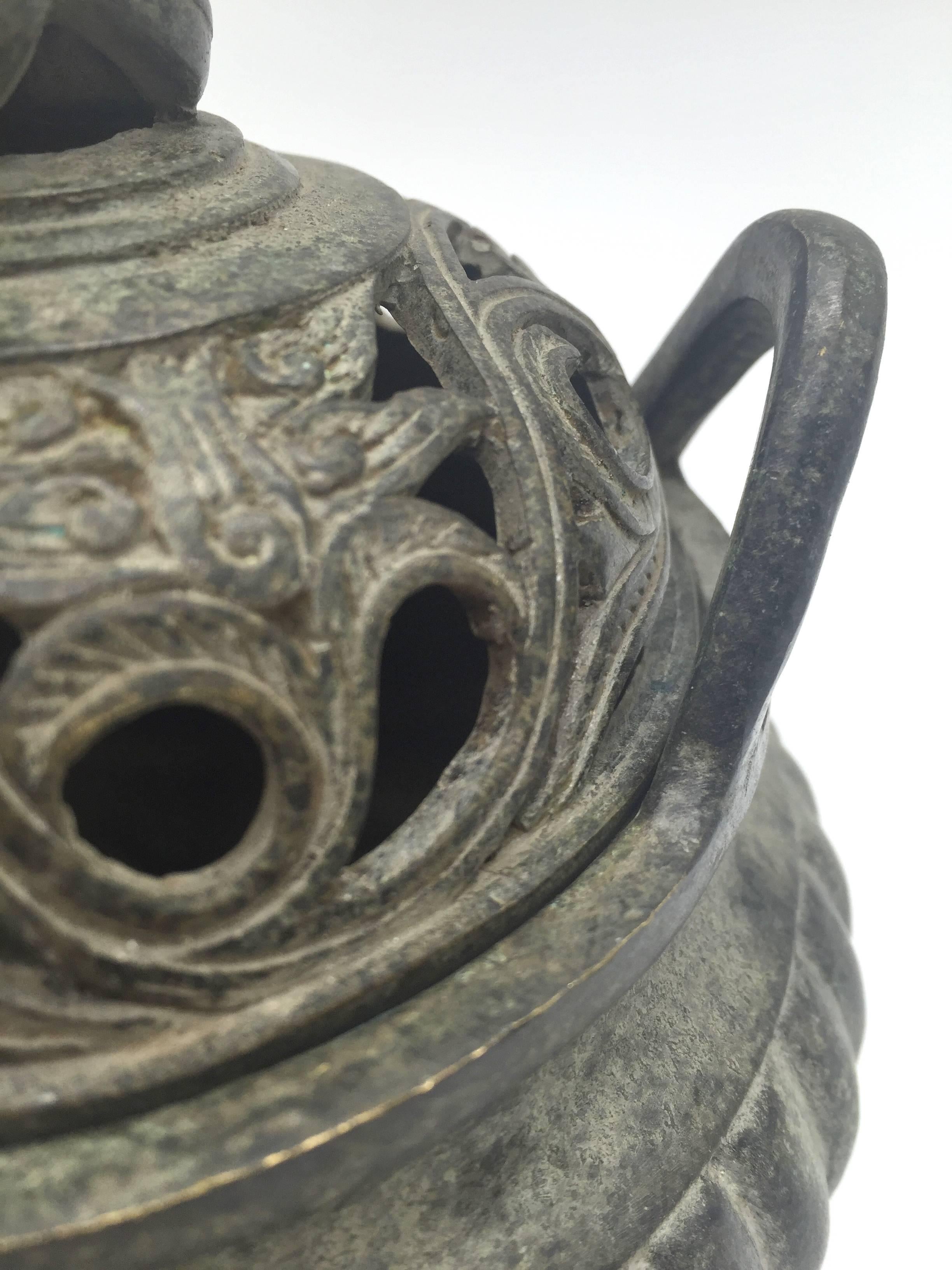 Ming Style Bronze Incense Burner with Dragon Finial In Excellent Condition In Somis, CA
