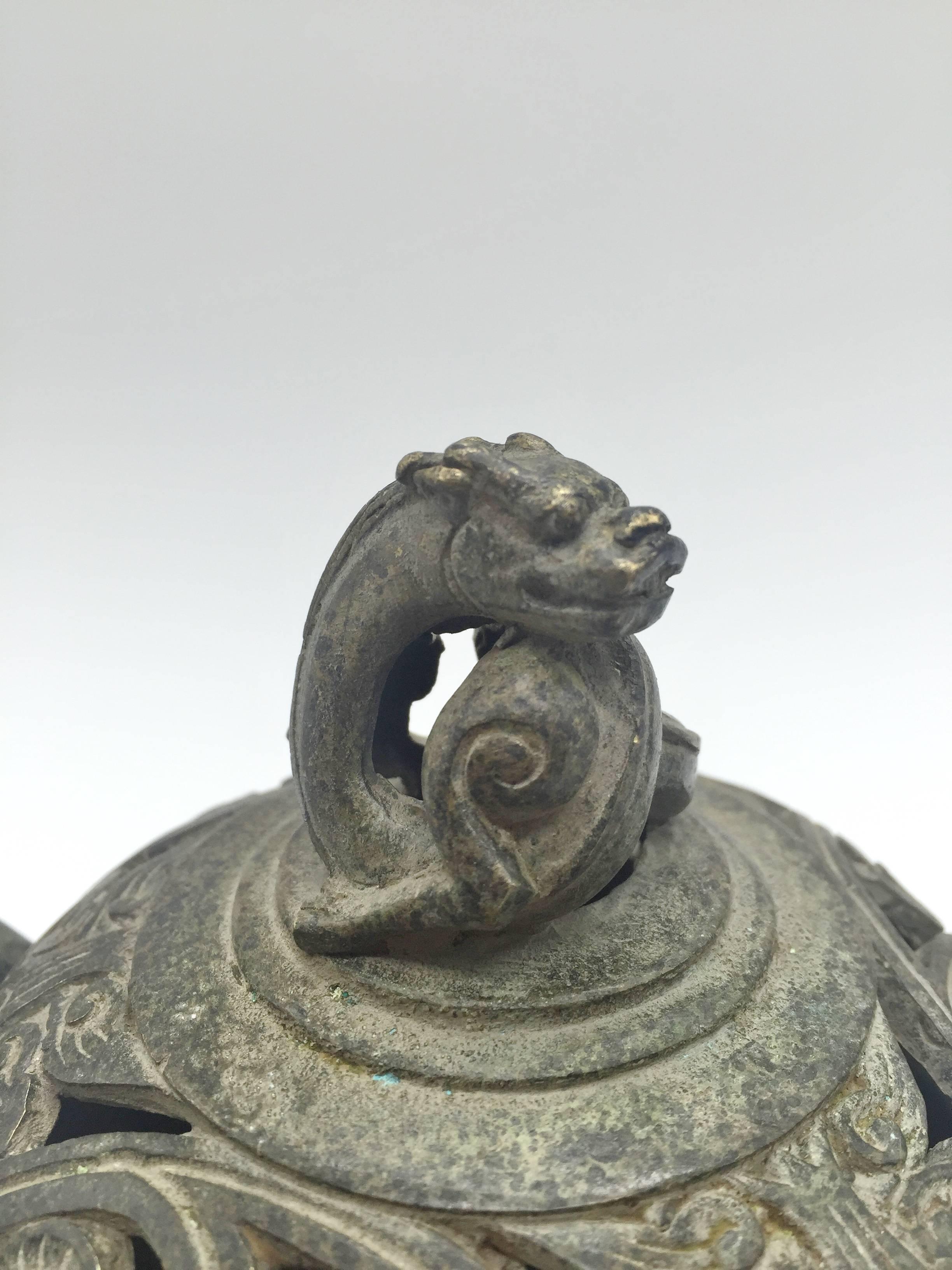 Ming Style Bronze Incense Burner with Dragon Finial 3