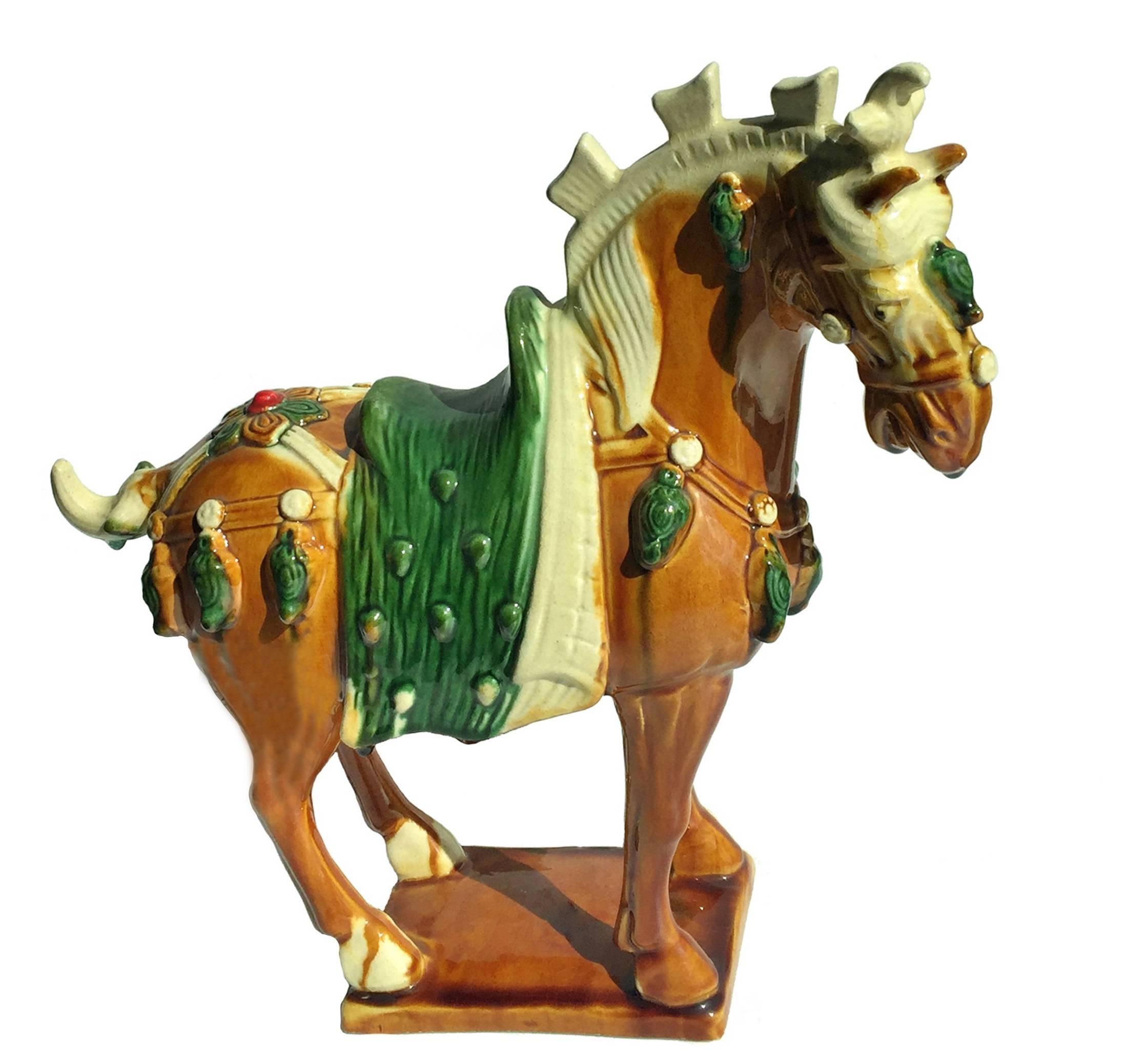 Glazed Chinese Terracotta San Cai Horse and Pottery, Lot of Three
