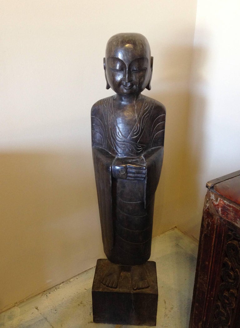 Pair of Tang Style Stone Monk Statues, Large Zen Garden Statues For