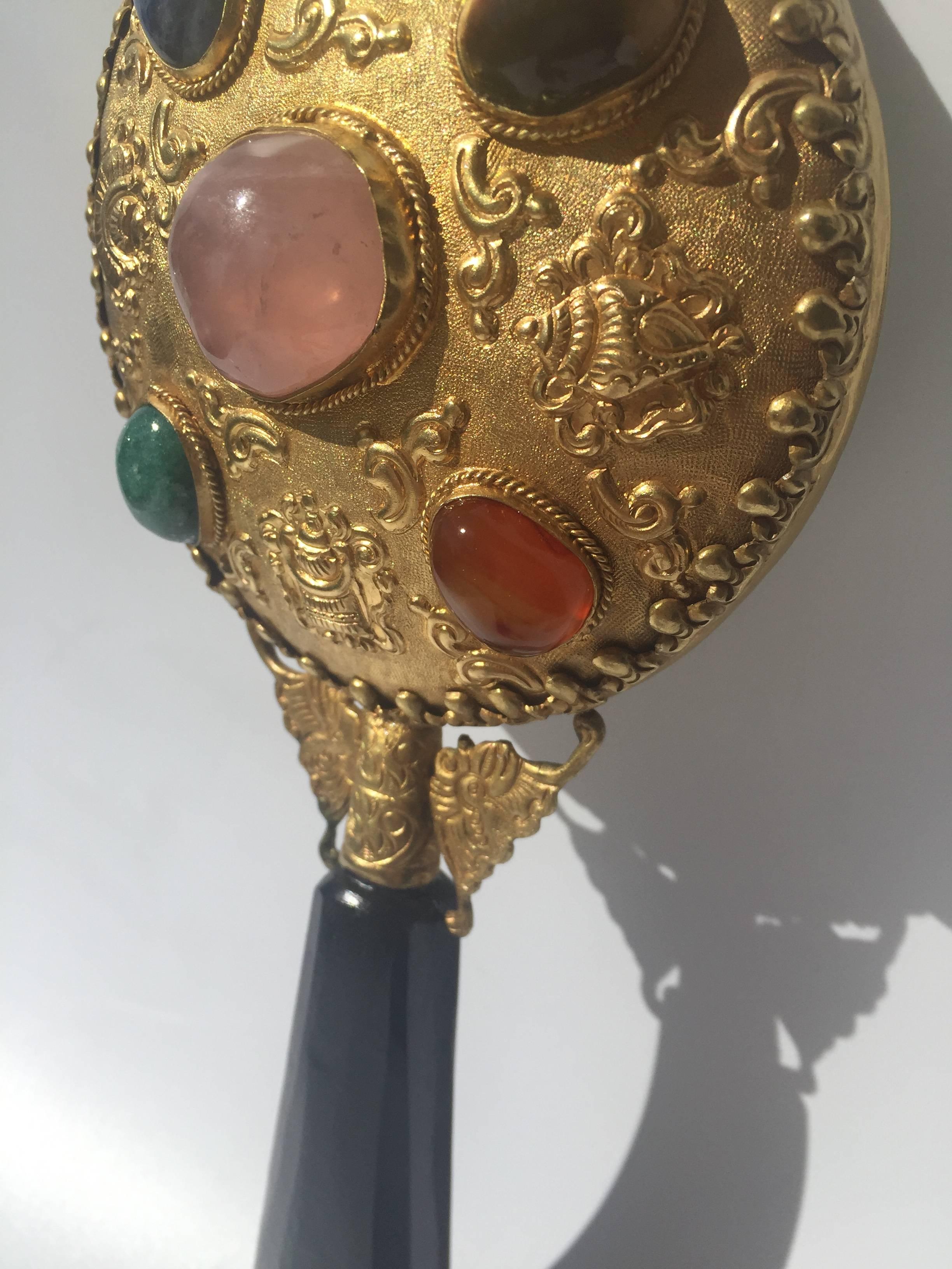 Brass Hand Held Mirror with Gemstones