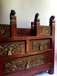 Chinese Antique Red Altar, Open with Foo Dogs