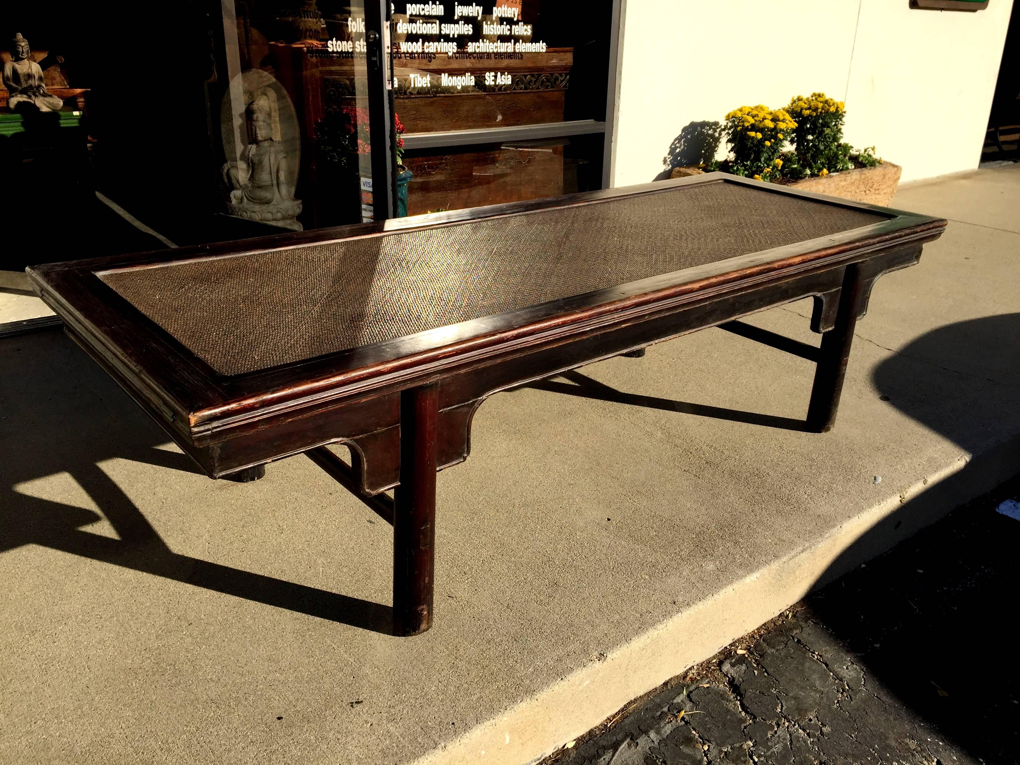 Ming Style Wide Bench, Large Coffee Table with Rattan Top In Good Condition In Somis, CA