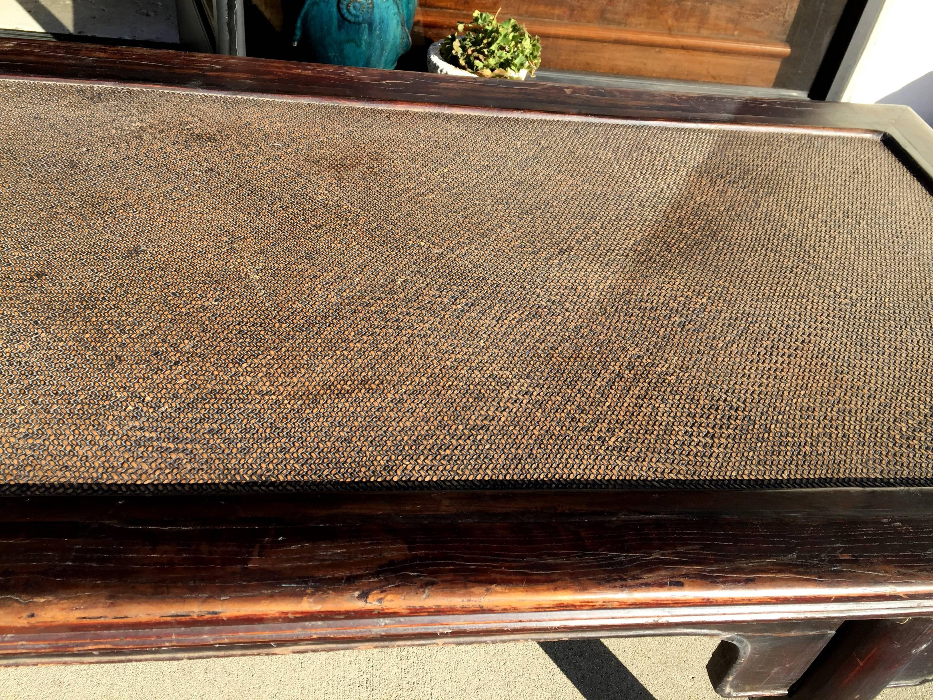 19th Century Ming Style Wide Bench, Large Coffee Table with Rattan Top
