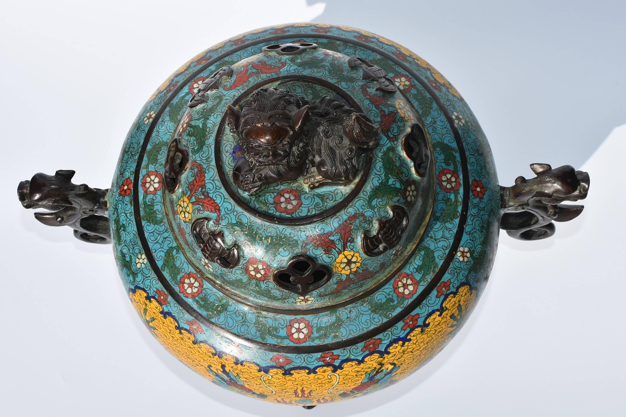 20th Century Huge Cloisonné Incense Burner with Dragon and Foo Dog