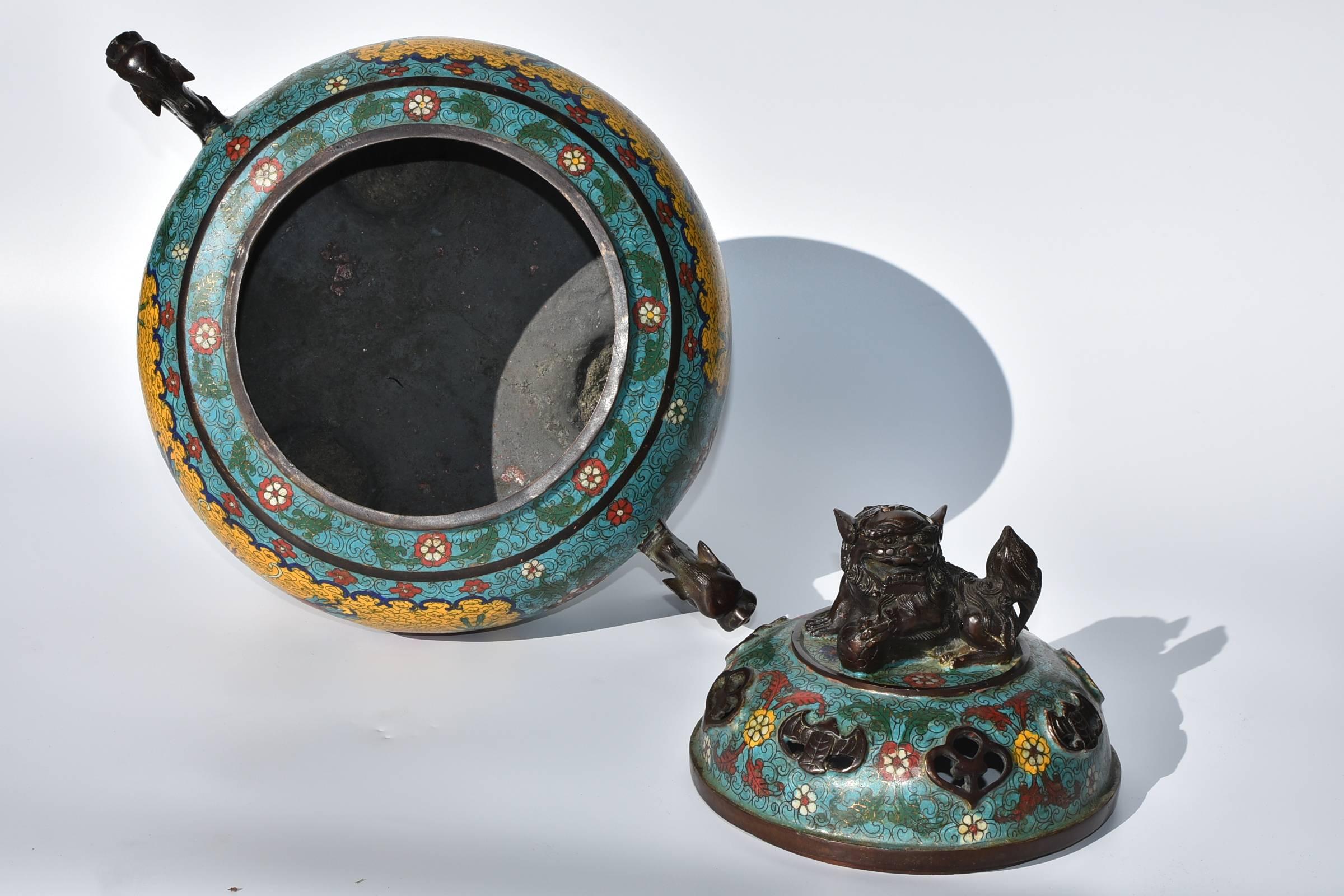 Bronze Huge Cloisonné Incense Burner with Dragon and Foo Dog