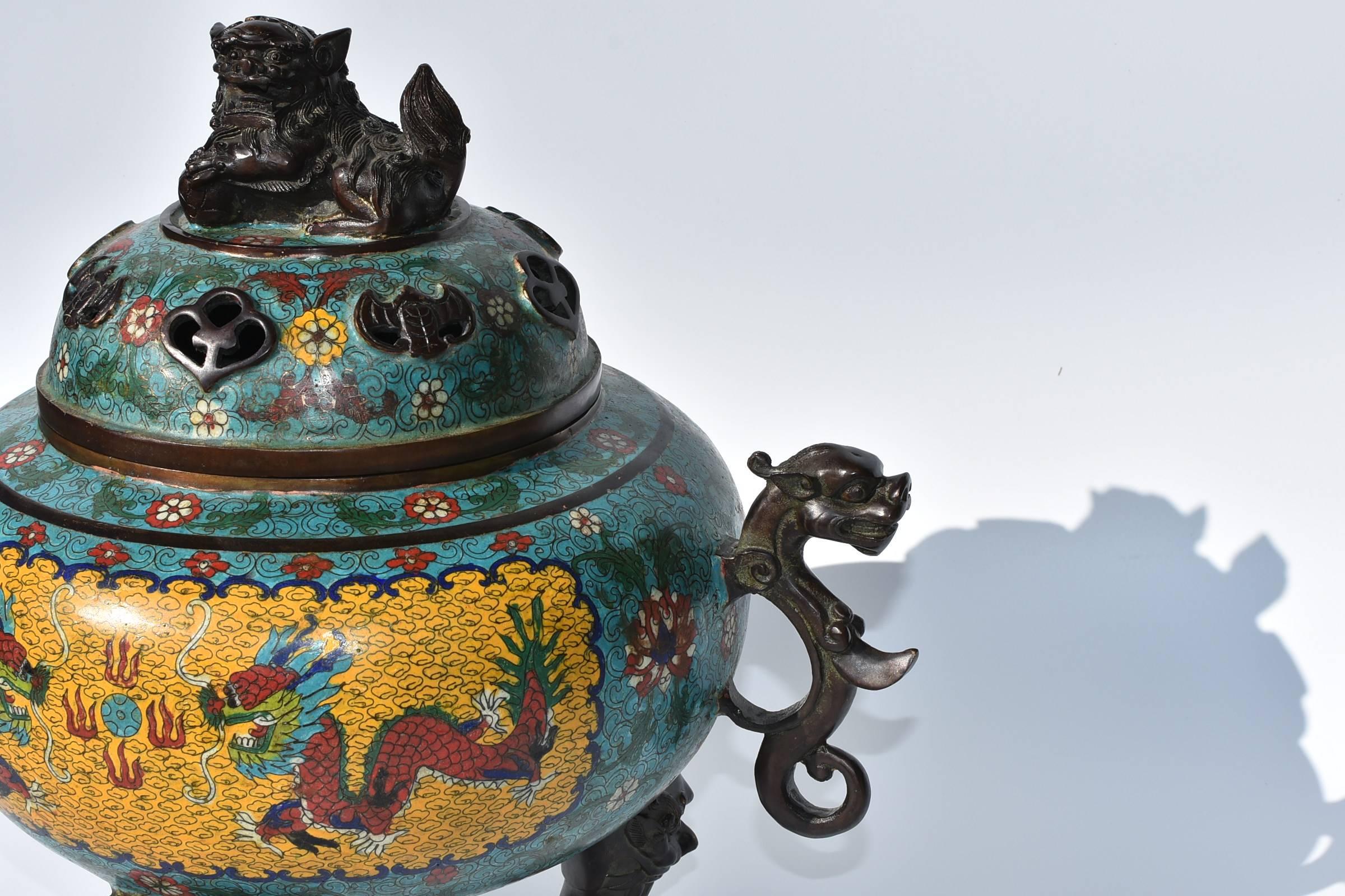 Huge Cloisonné Incense Burner with Dragon and Foo Dog 1