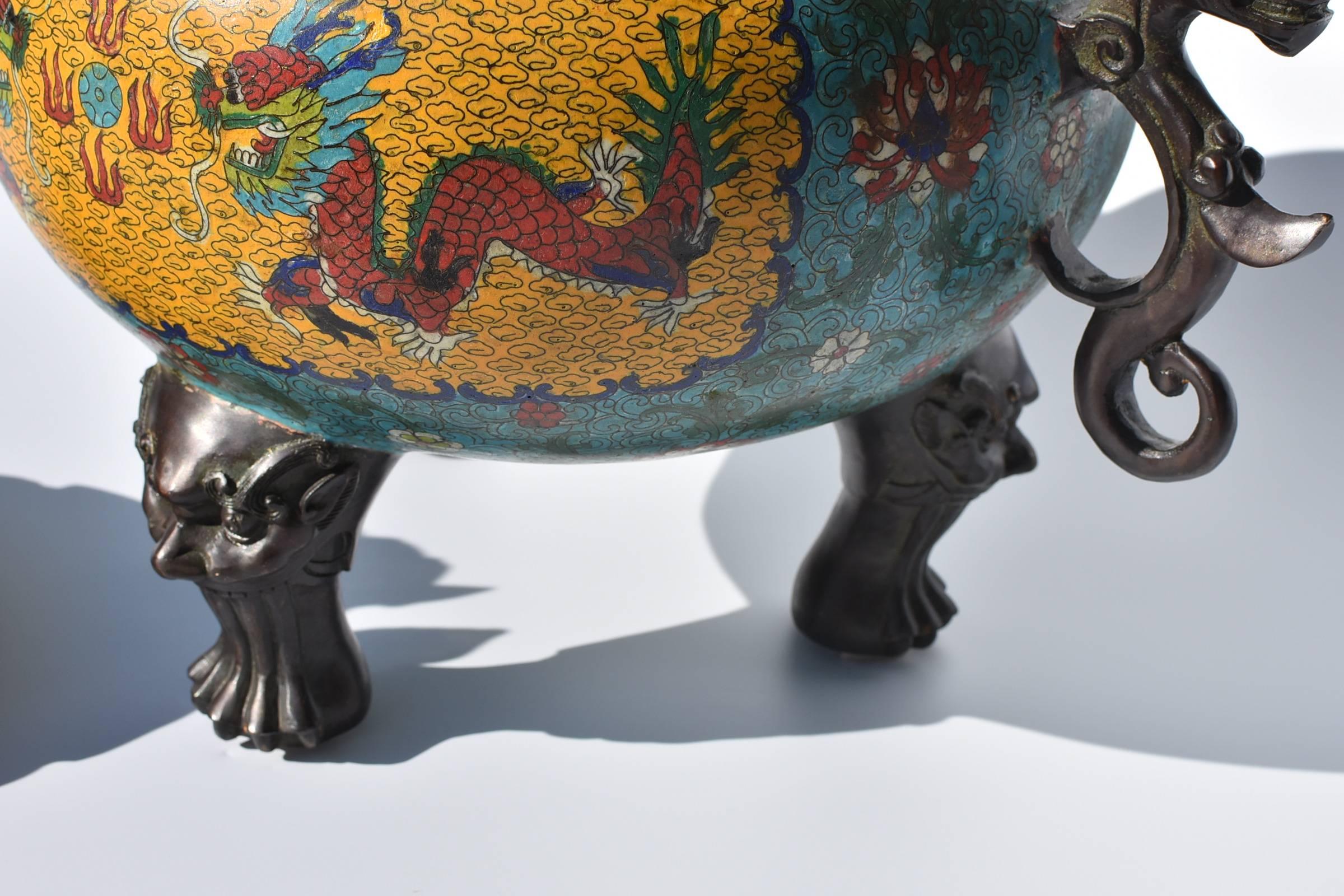 Huge Cloisonné Incense Burner with Dragon and Foo Dog 2