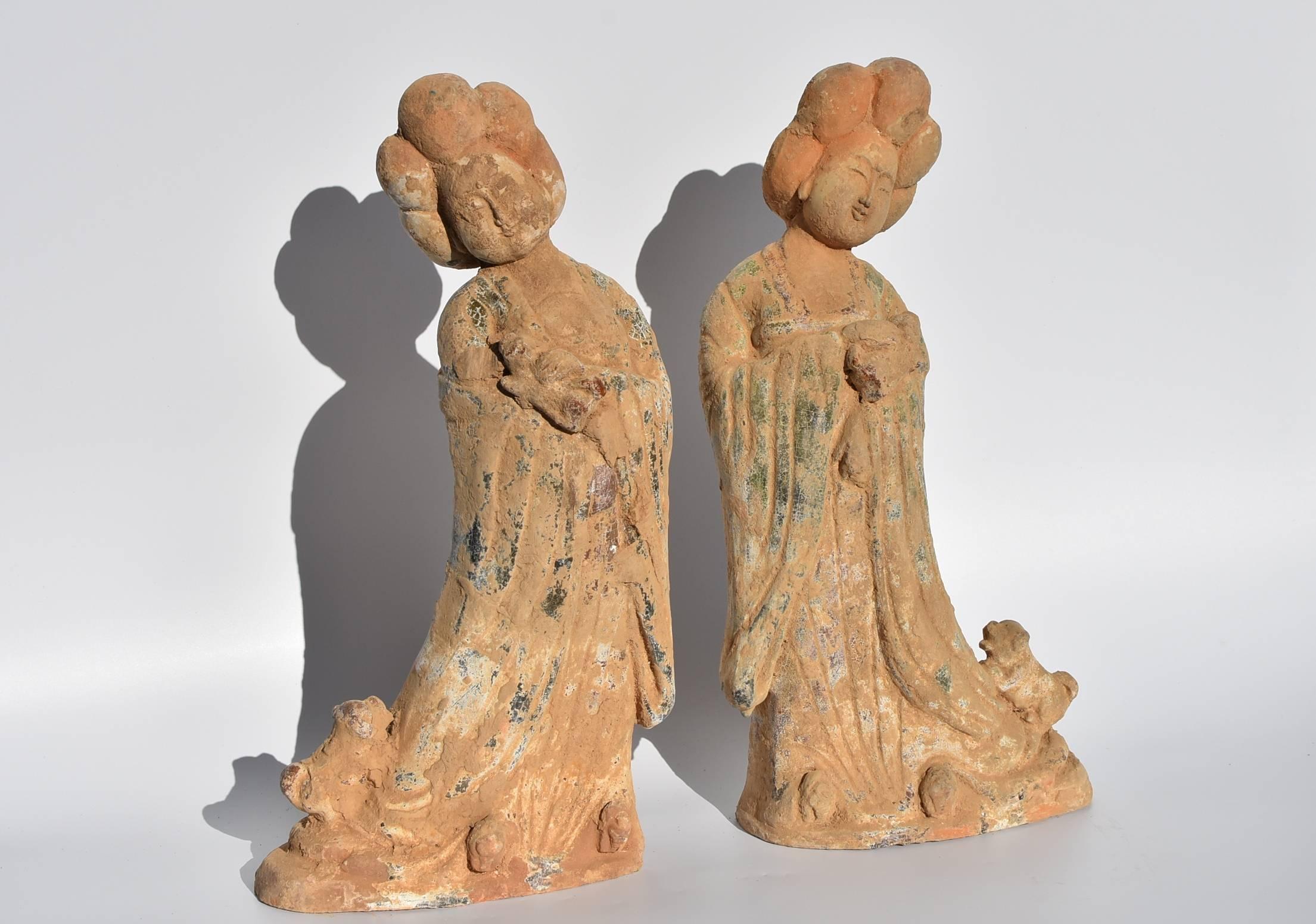 Hand-Crafted Pair of Tang Dynasty Style Terracotta Court Ladies
