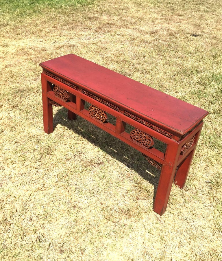 Pair Finely Carved Antique Red Benches Chinese 19th Century