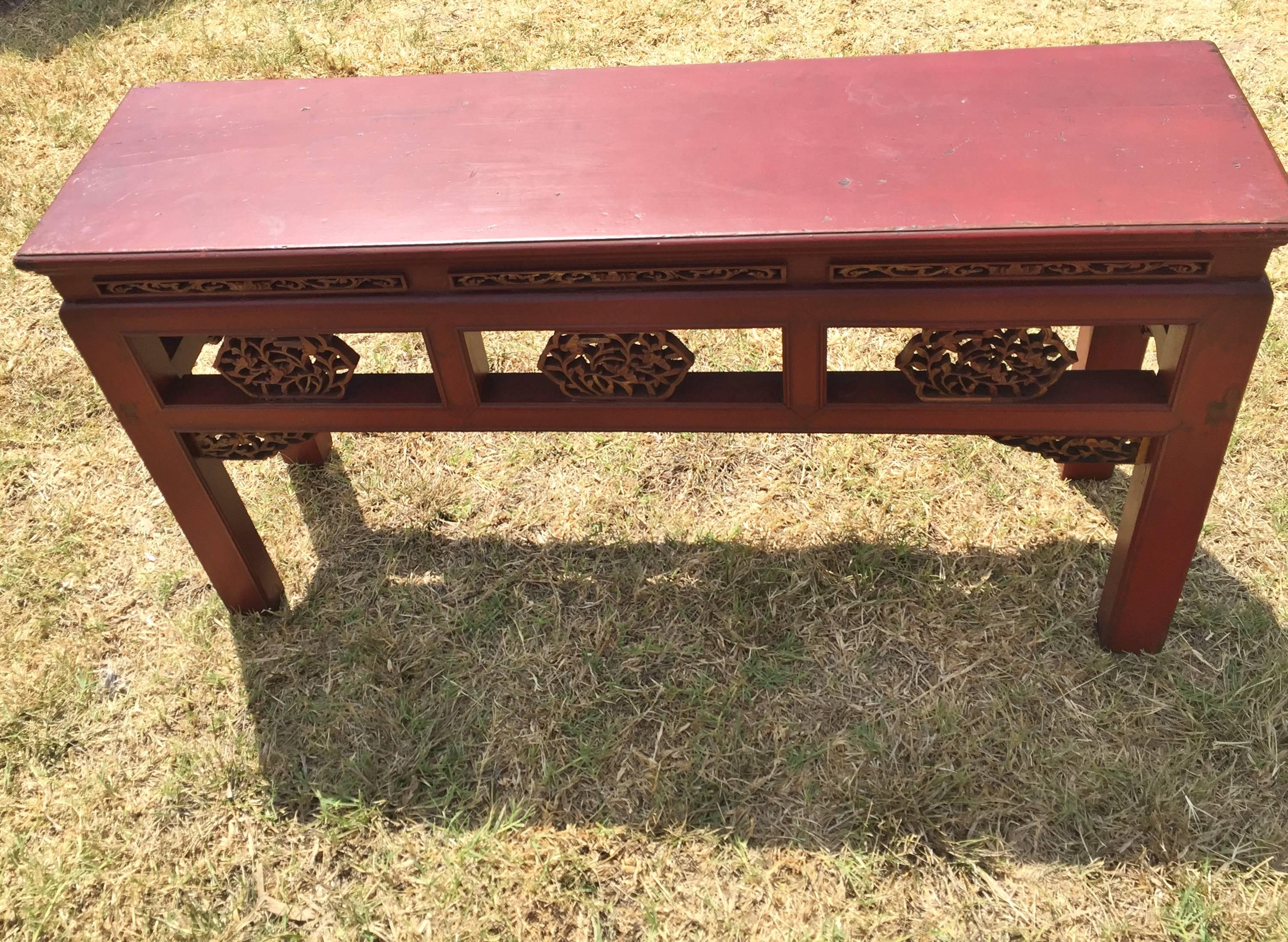 Pair Finely Carved Antique Red Benches, Chinese 19th Century, Gilded For Sale 2