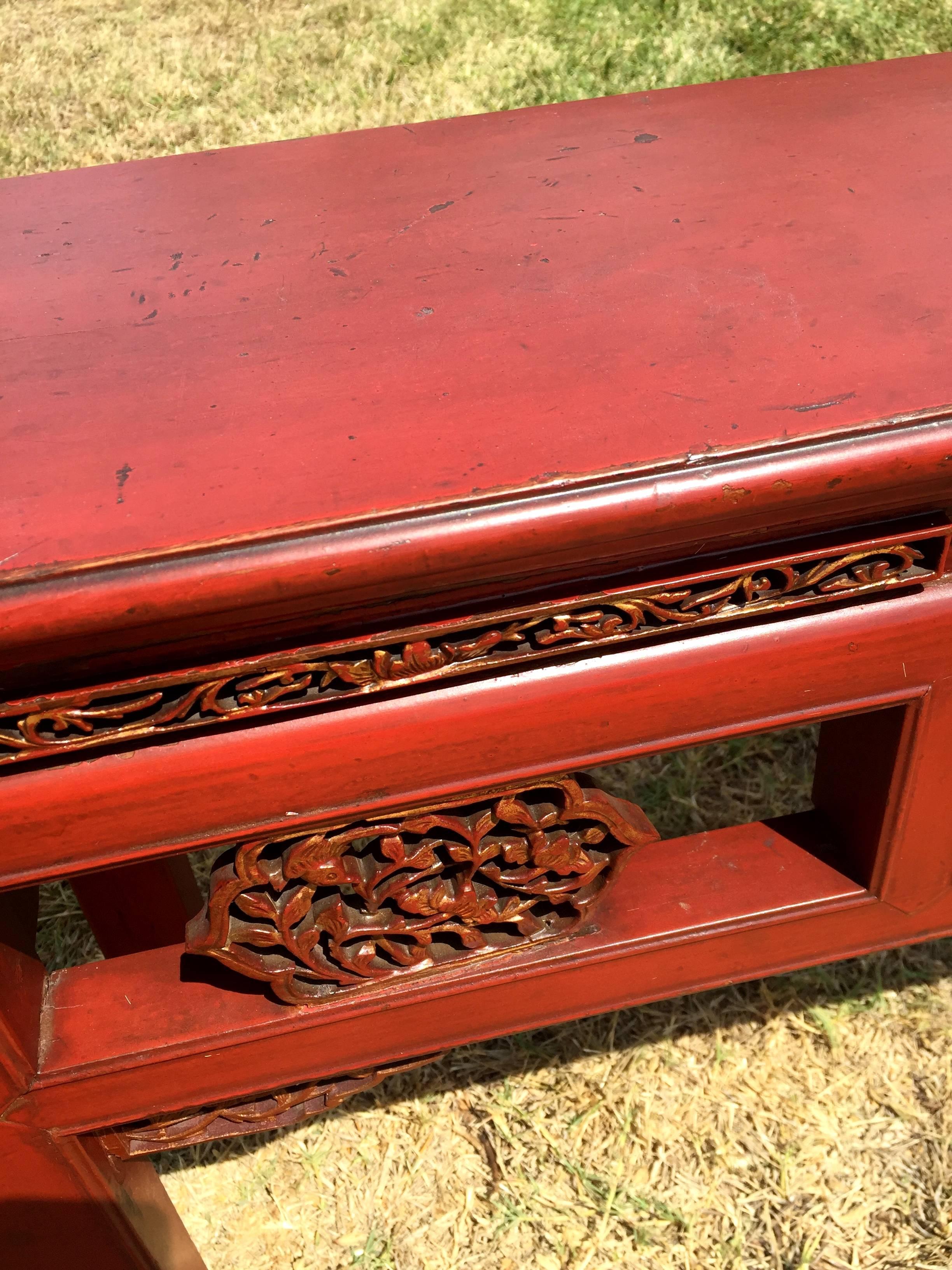 Pair Finely Carved Antique Red Benches, Chinese 19th Century, Gilded For Sale 3