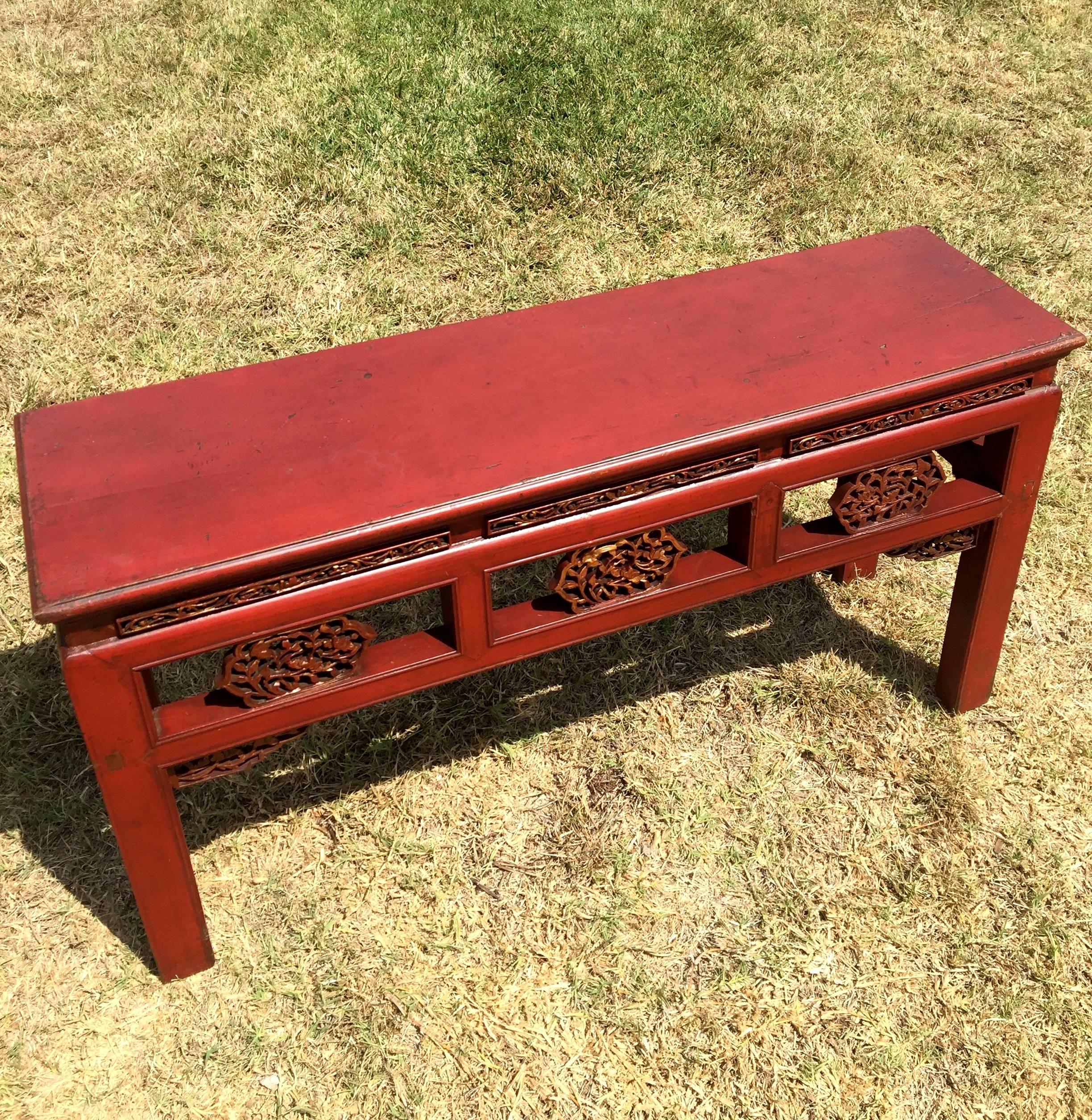 Pair Finely Carved Antique Red Benches, Chinese 19th Century, Gilded In Good Condition For Sale In Somis, CA