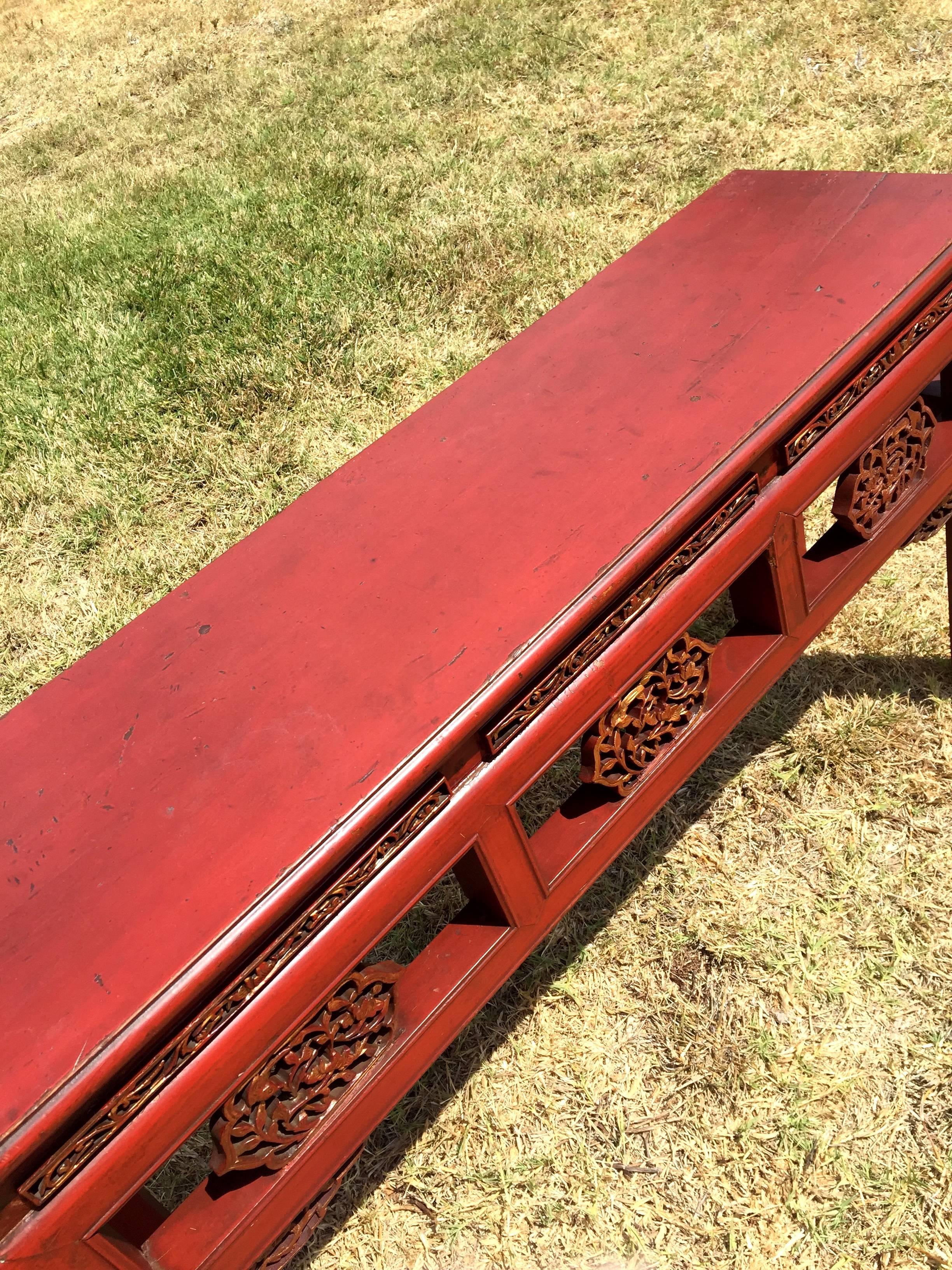 Wood Pair Finely Carved Antique Red Benches, Chinese 19th Century, Gilded For Sale