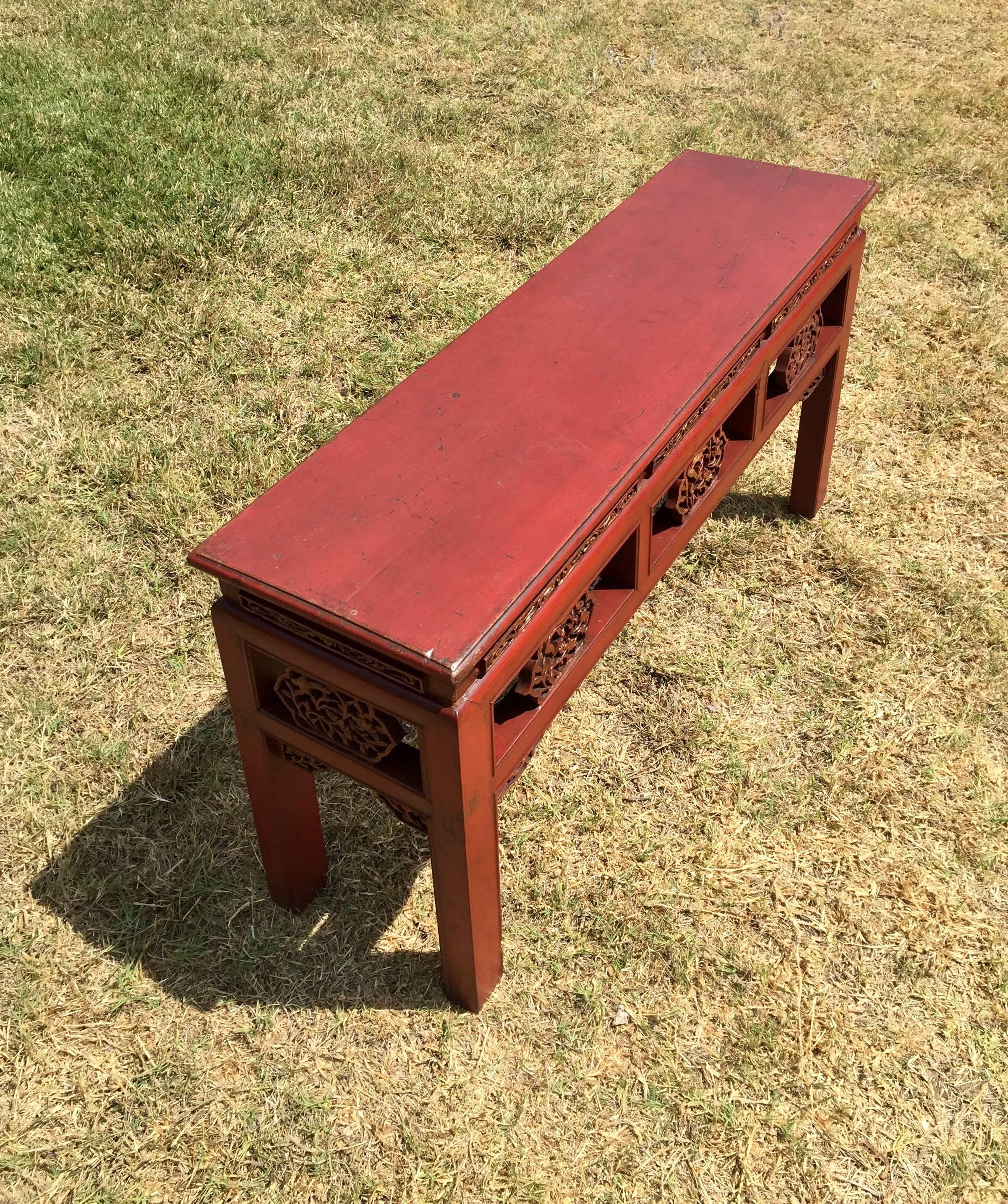 Pair Finely Carved Antique Red Benches, Chinese 19th Century, Gilded For Sale 4