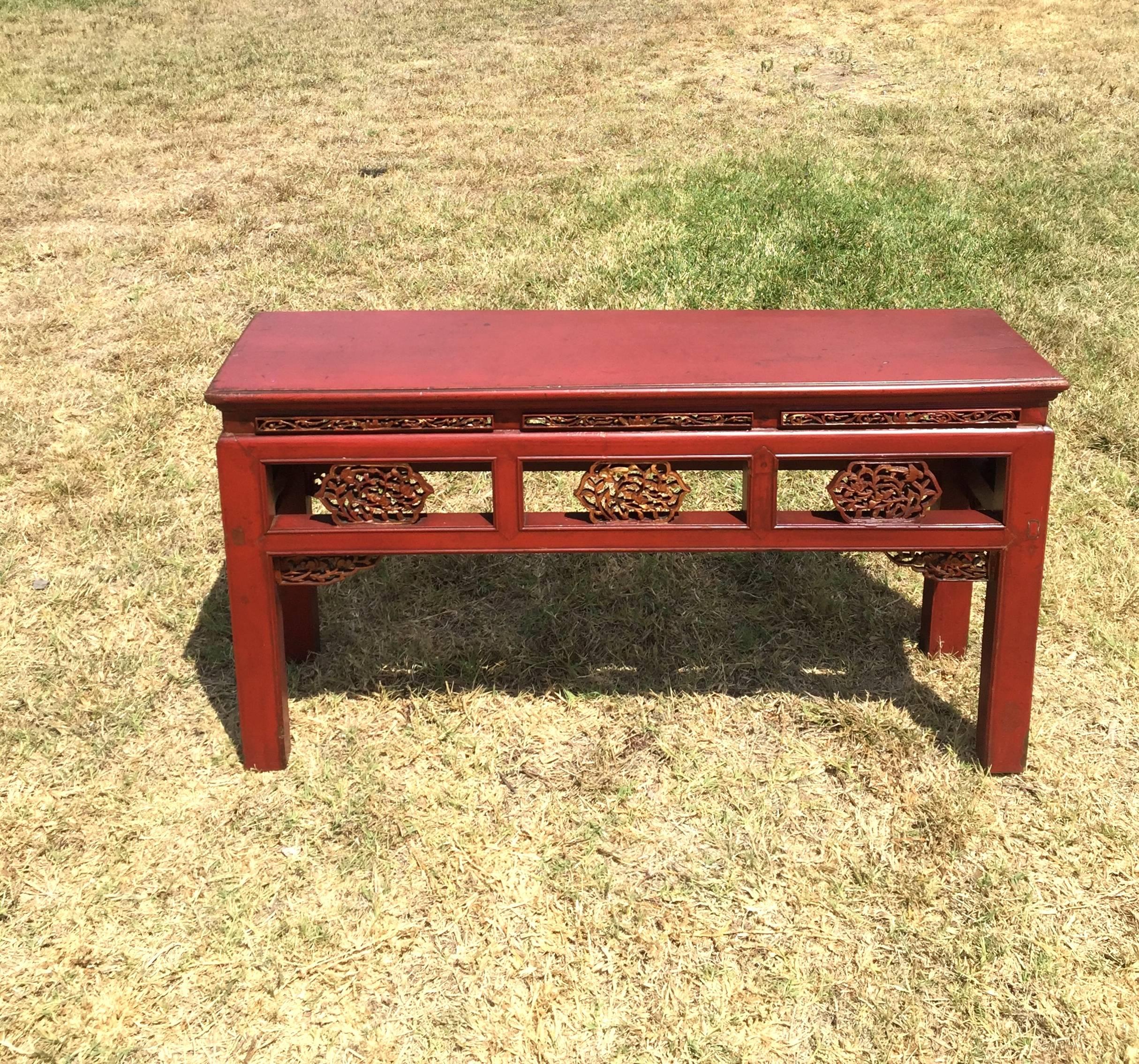 Hand-Carved Pair Finely Carved Antique Red Benches, Chinese 19th Century, Gilded For Sale