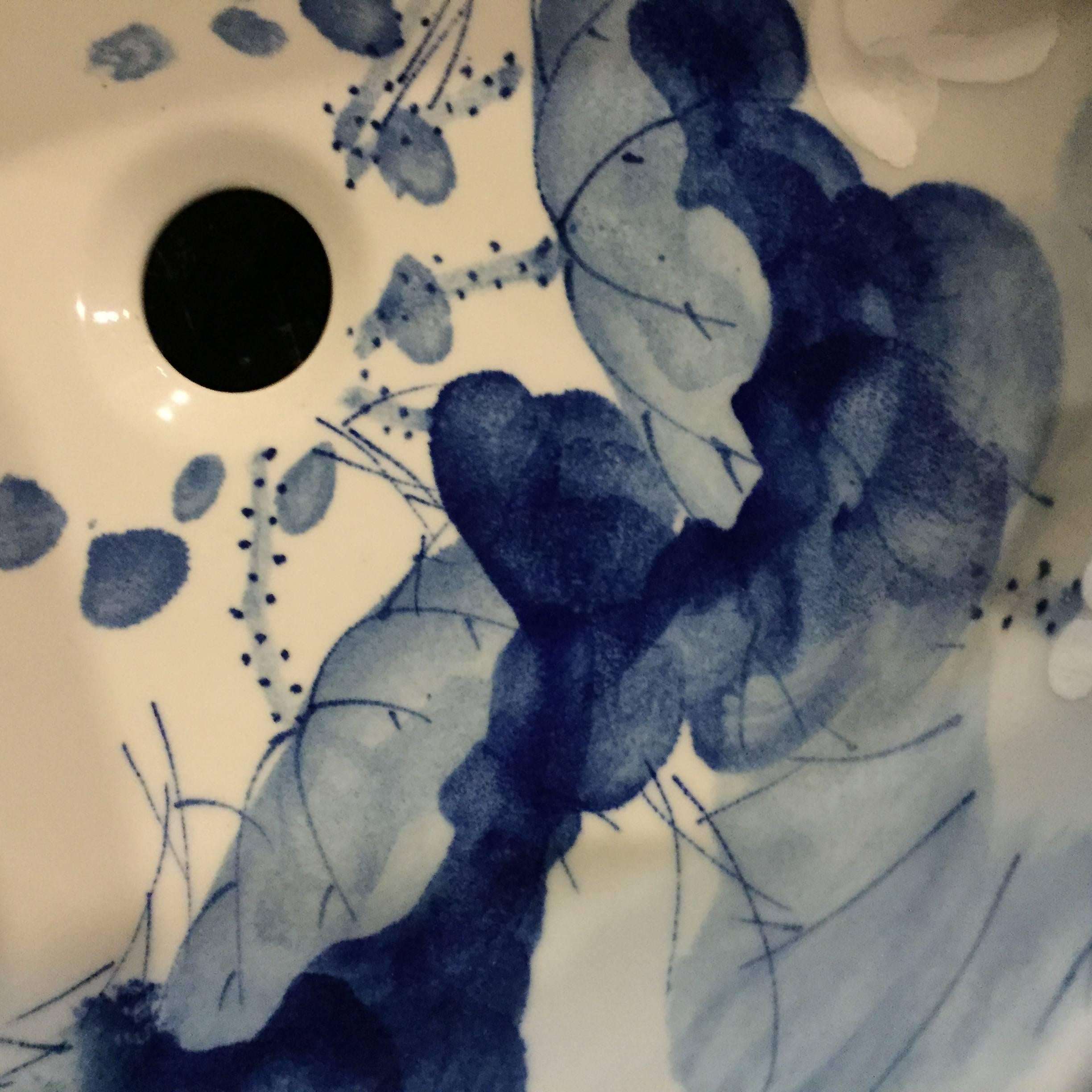 Pair of Blue and White Ceramic Sinks, Hand-Painted 1