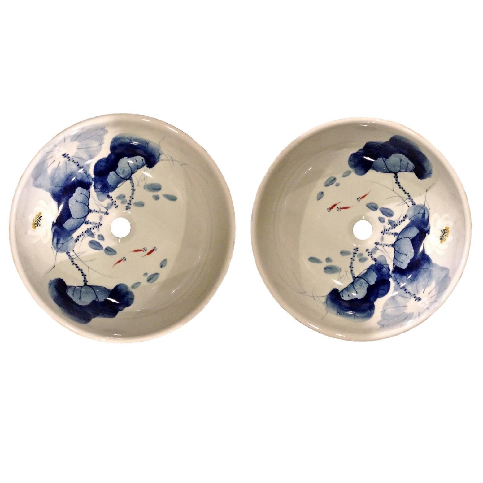 Pair of Blue and White Ceramic Sinks, Hand-Painted