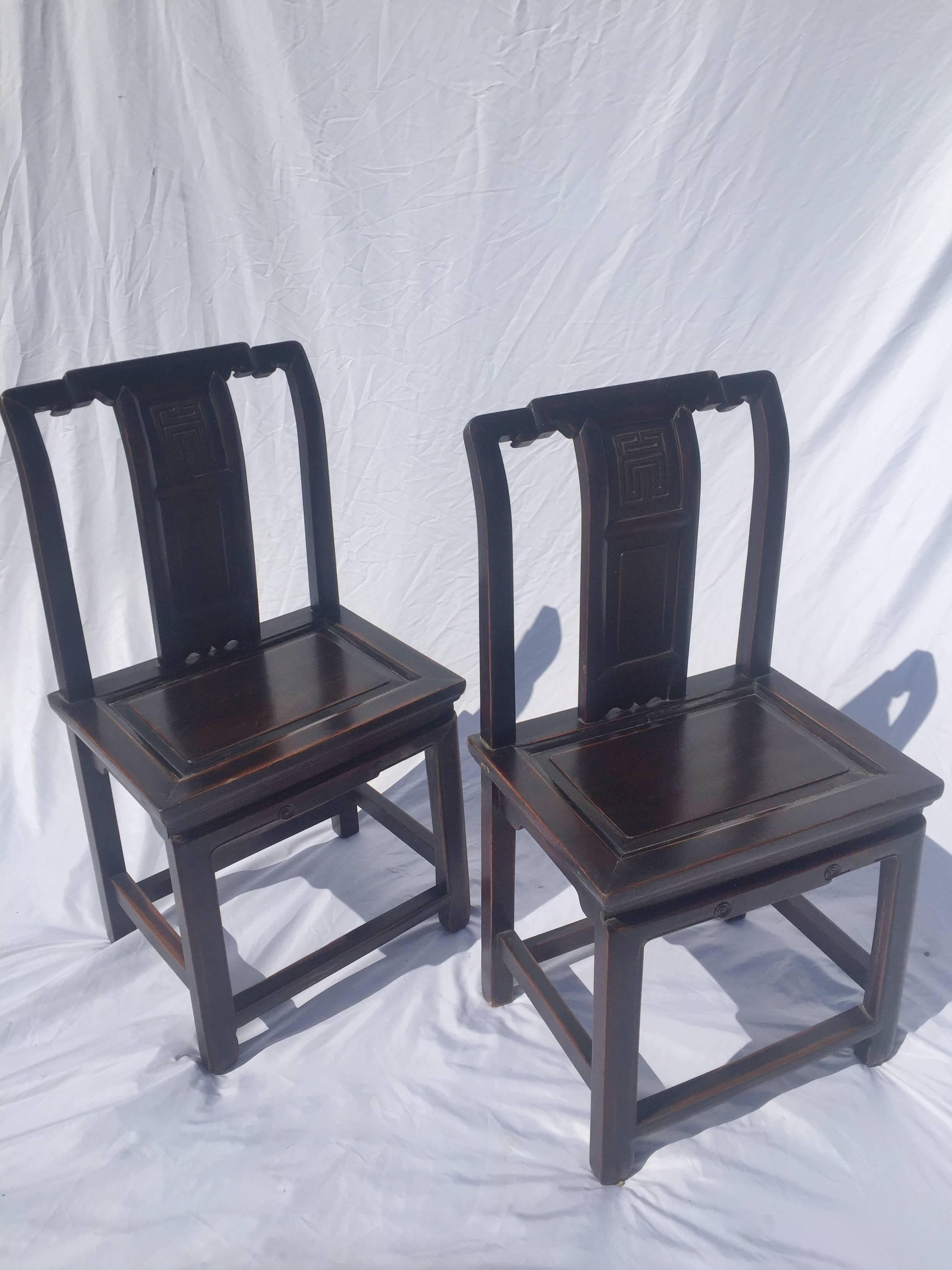 Hand-Carved Pair of Chinese Antique Chairs with Longevity Motif