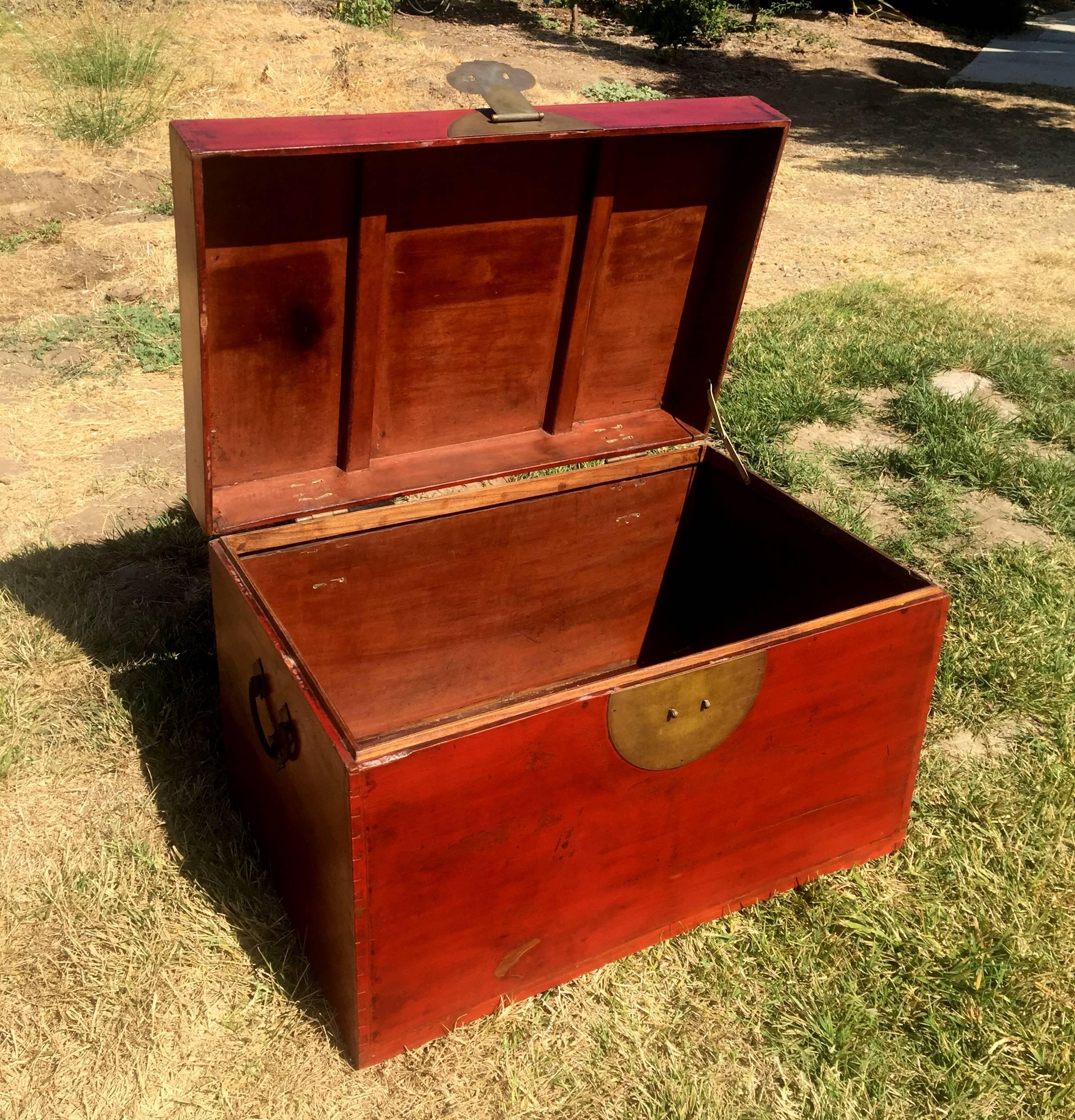 Chinese Antique Red Lacquer Trunk, Blanket Chest In Good Condition In Somis, CA