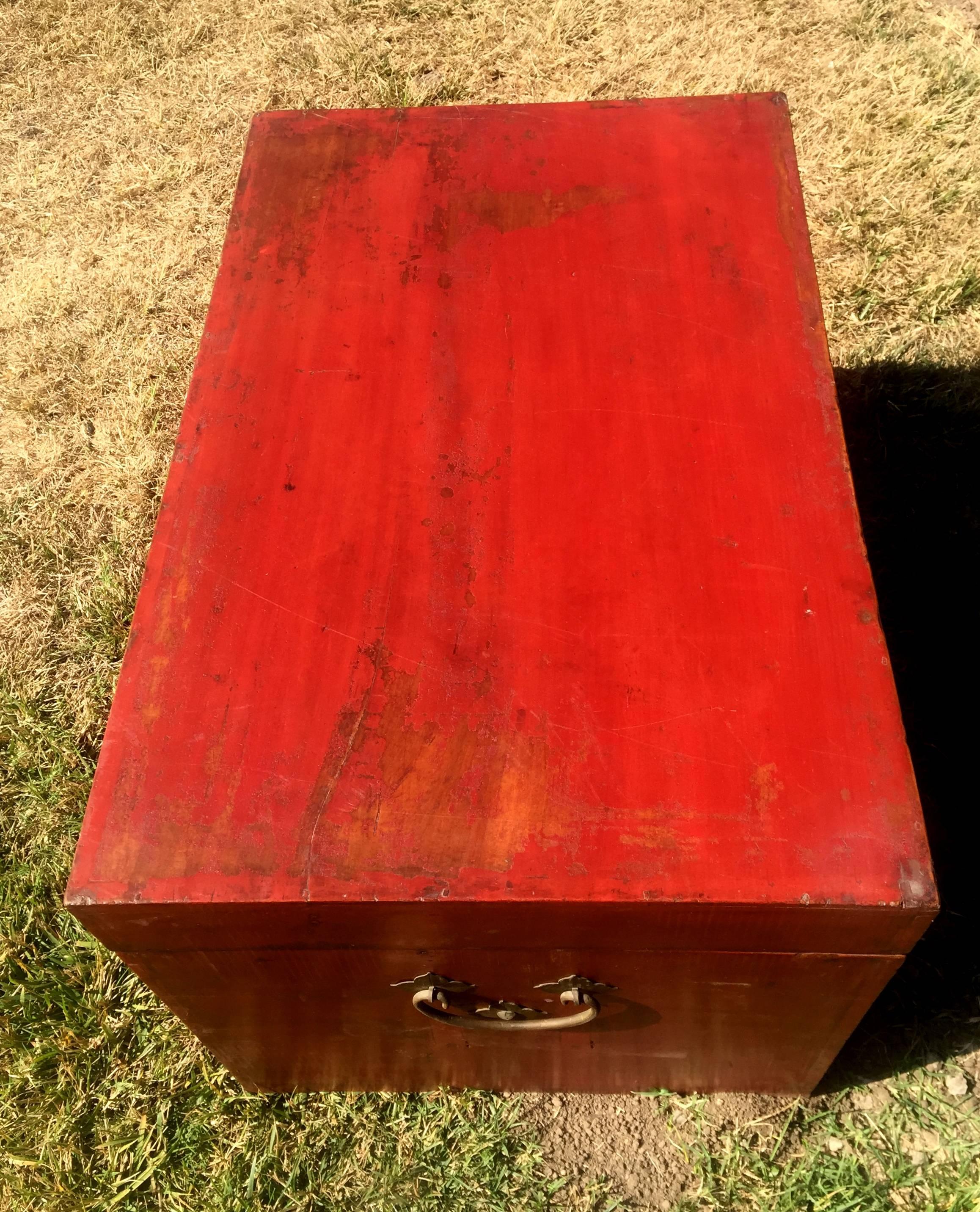 Joinery Chinese Antique Red Lacquer Trunk, Blanket Chest