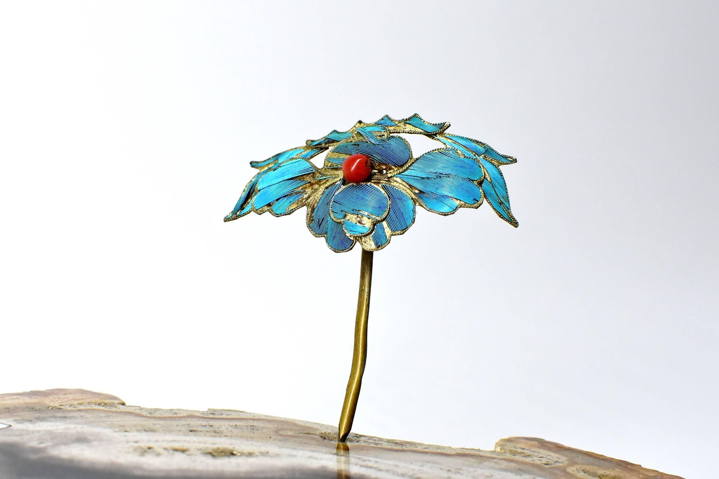 Chinese Kingfisher Feather Hair Pins, 19th Century, Set of Two