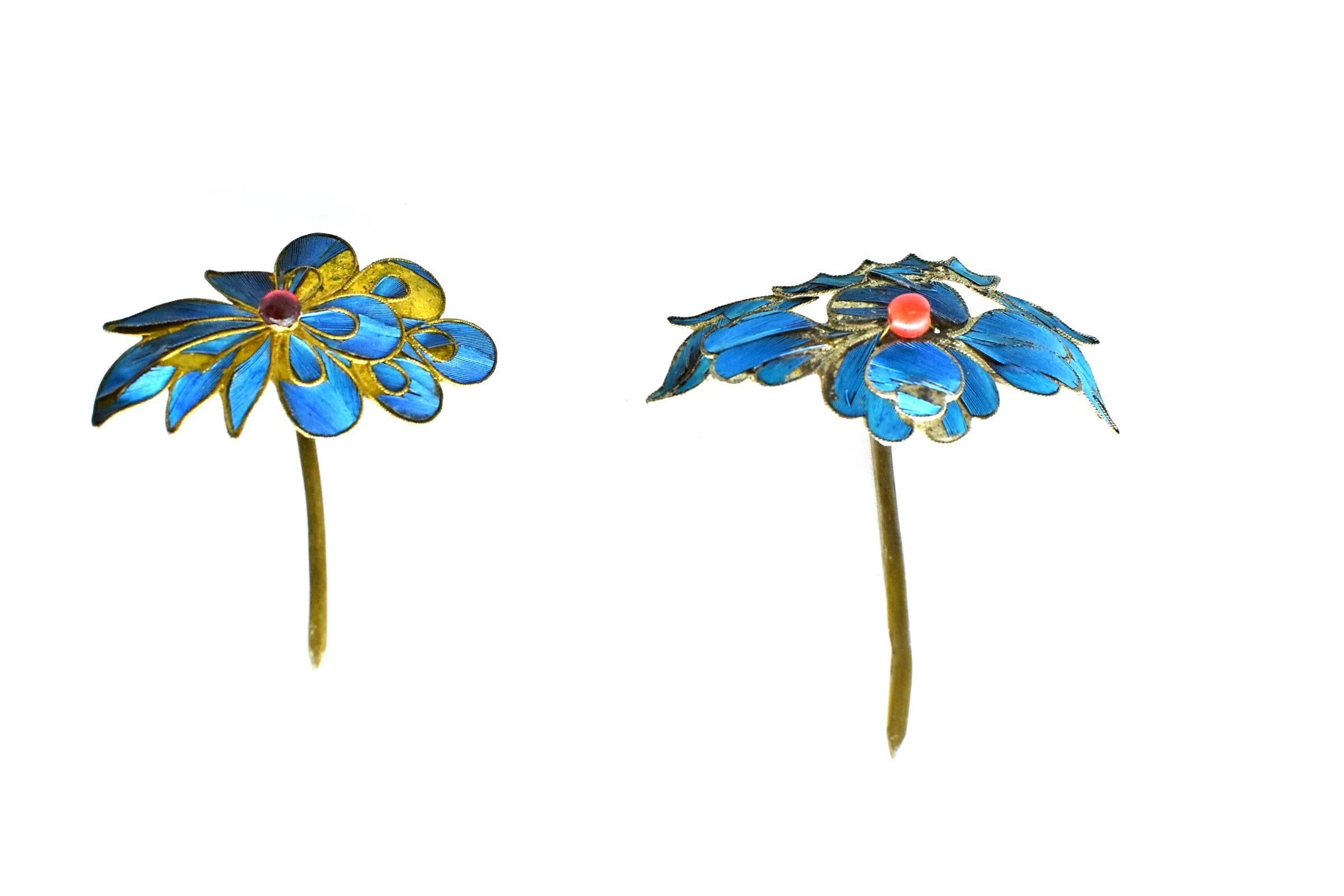 Kingfisher Feather Hair Pins, 19th Century, Set of Two 1