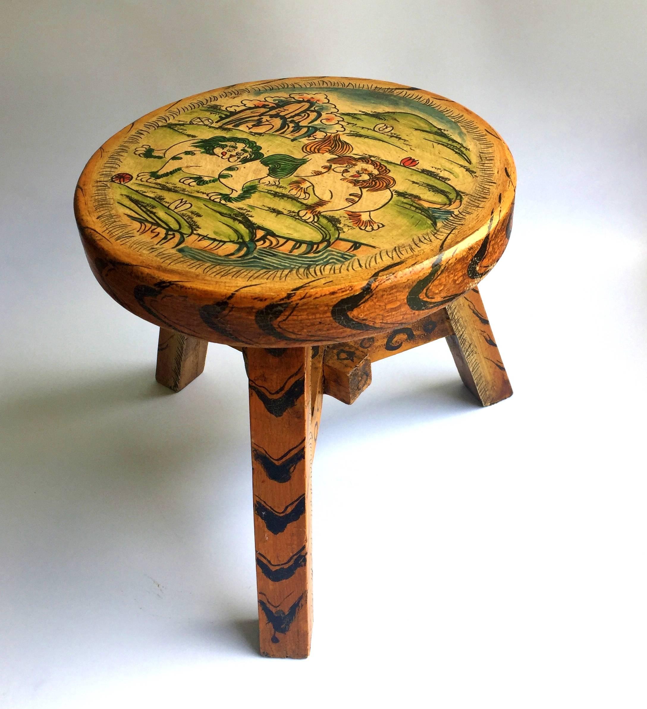 Pair of Tibetan Stools, Hand-Painted In Excellent Condition In Somis, CA