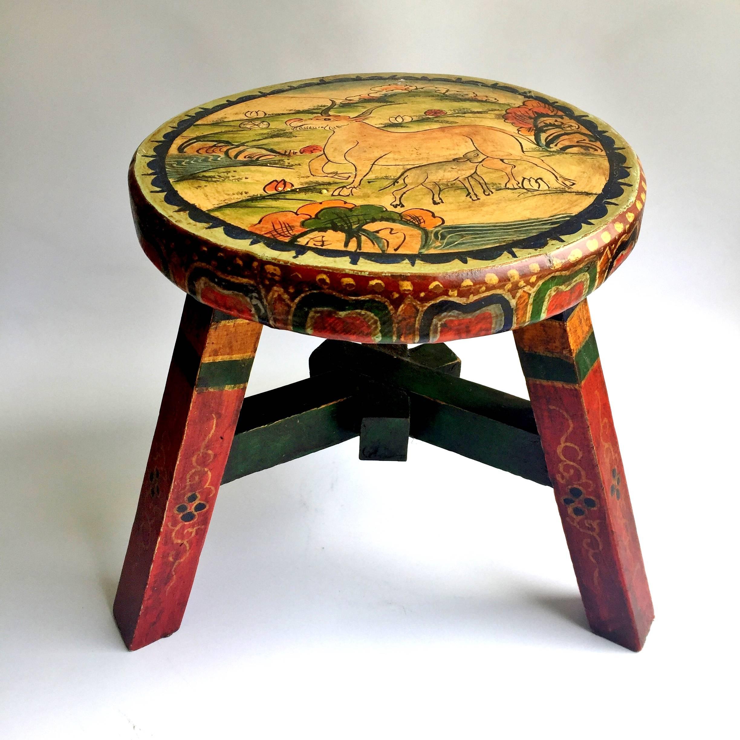 Contemporary Pair of Tibetan Stools, Hand-Painted