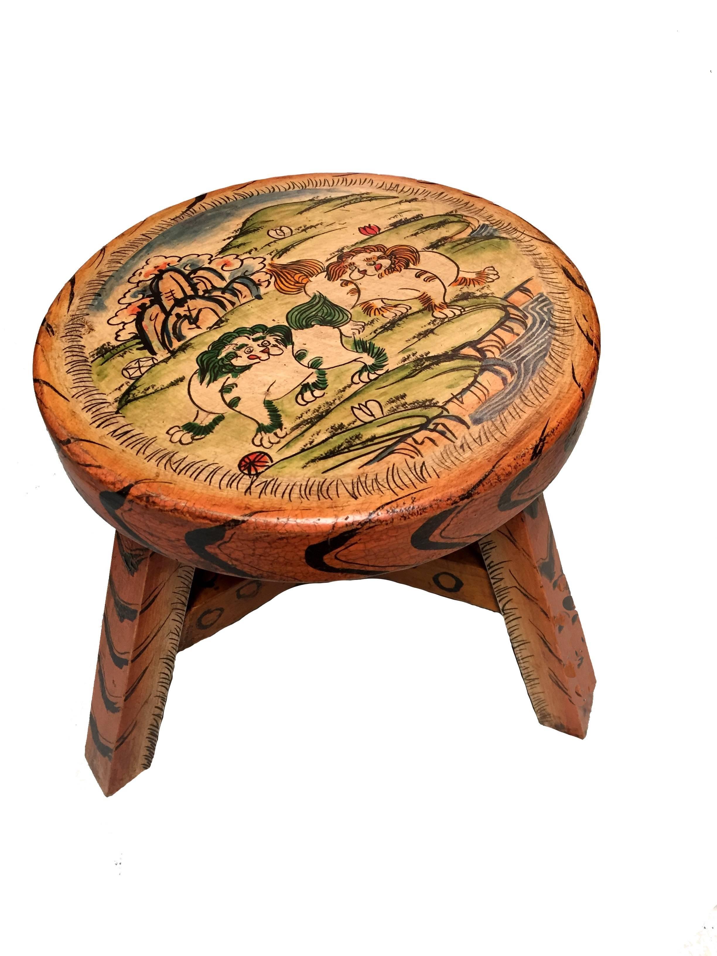 Beautiful hand-painted stools feature deer and foo dogs. Deer symbolizes peace and harmony. Foo Dogs are guardians for safety and security. Each stool is very well-made, is strong and sturdy.

Solid wood.