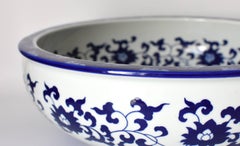 Blue and White Lotus Ceramic Sink or Planter, Hand-Painted