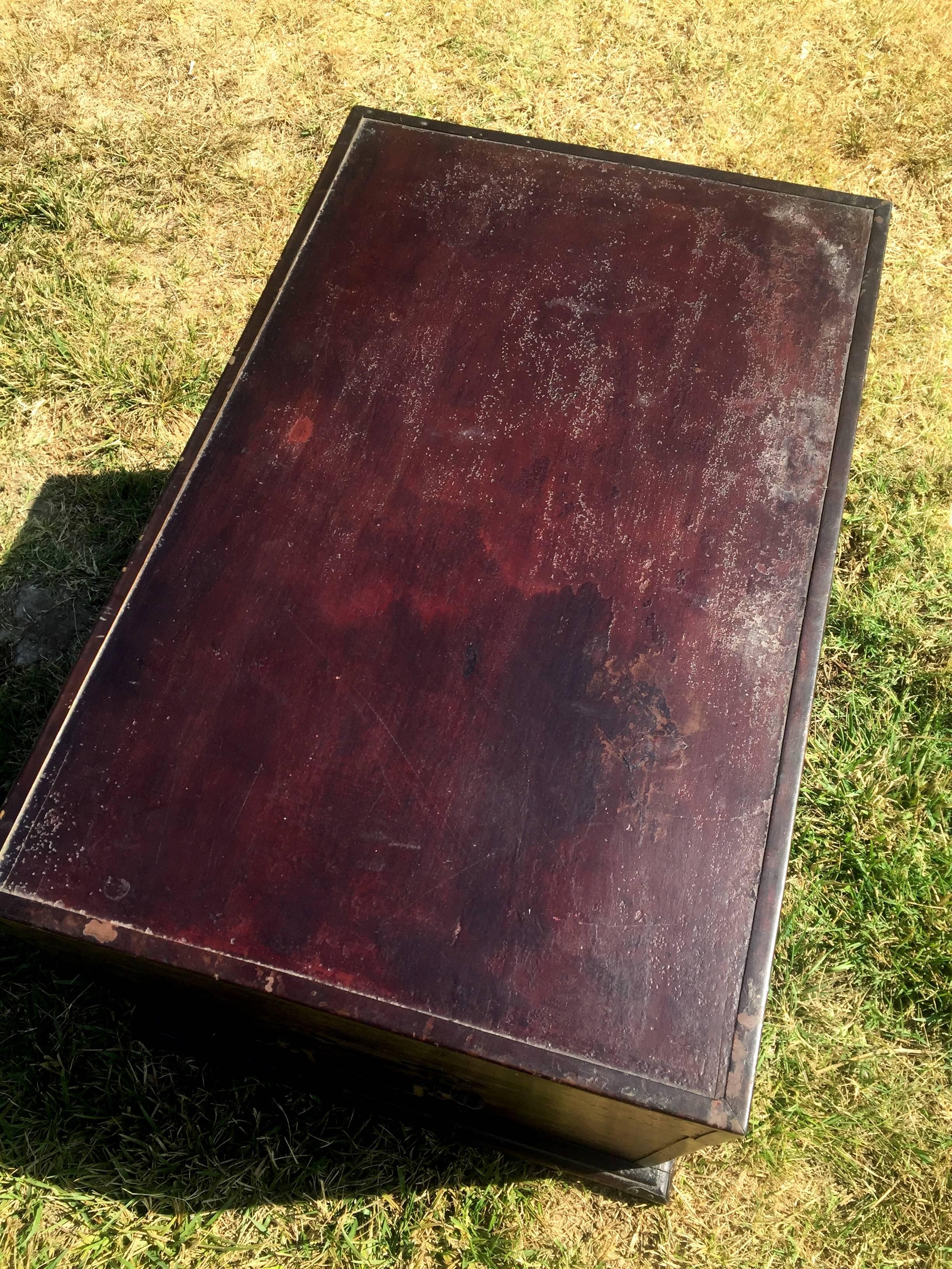 Bronze Antique Chinese Trunk, Blanket Chest with Original Interior and Hardware