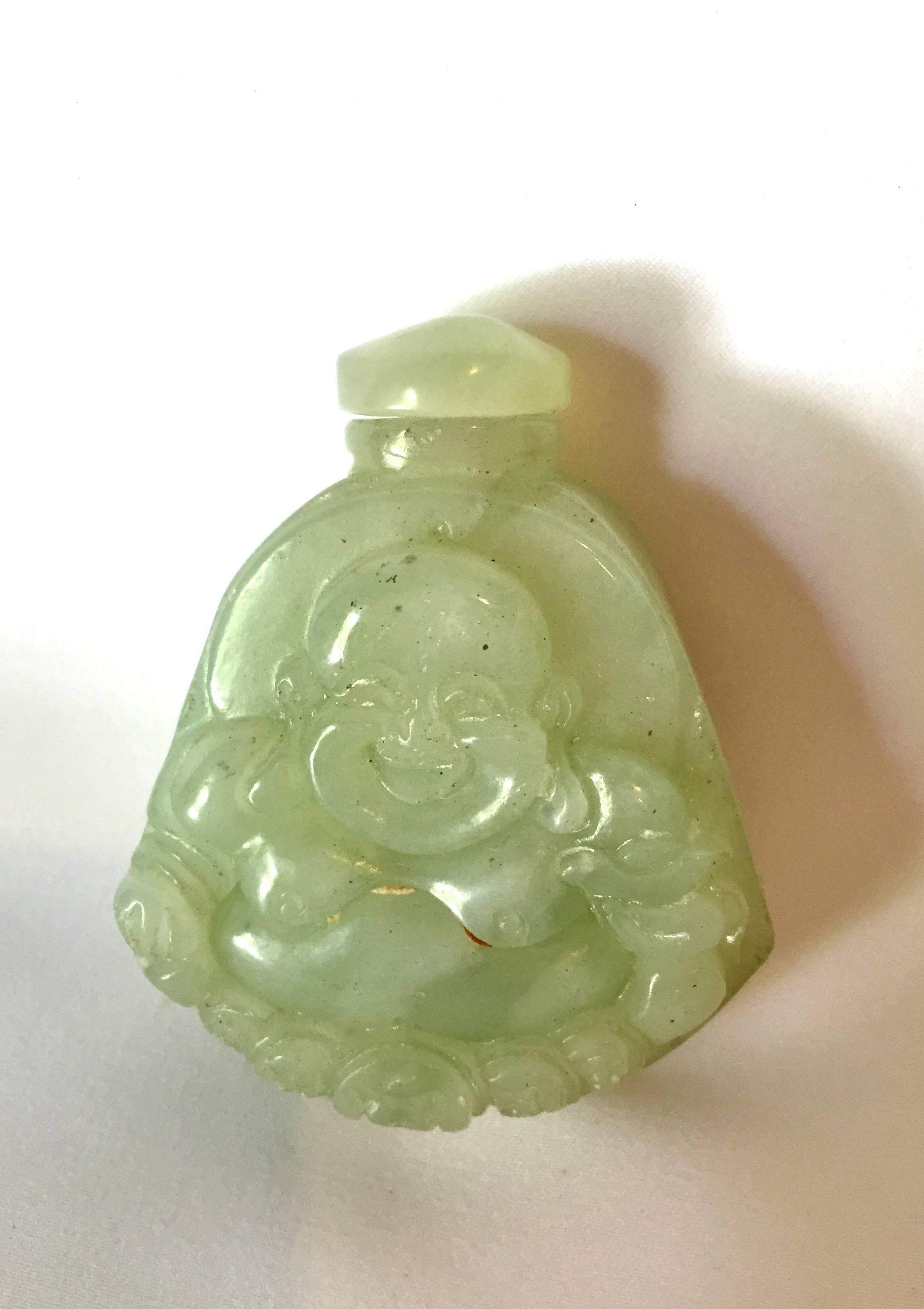 Chinese Green Jade Style, Serpentine Snuff Bottle Happy Buddha