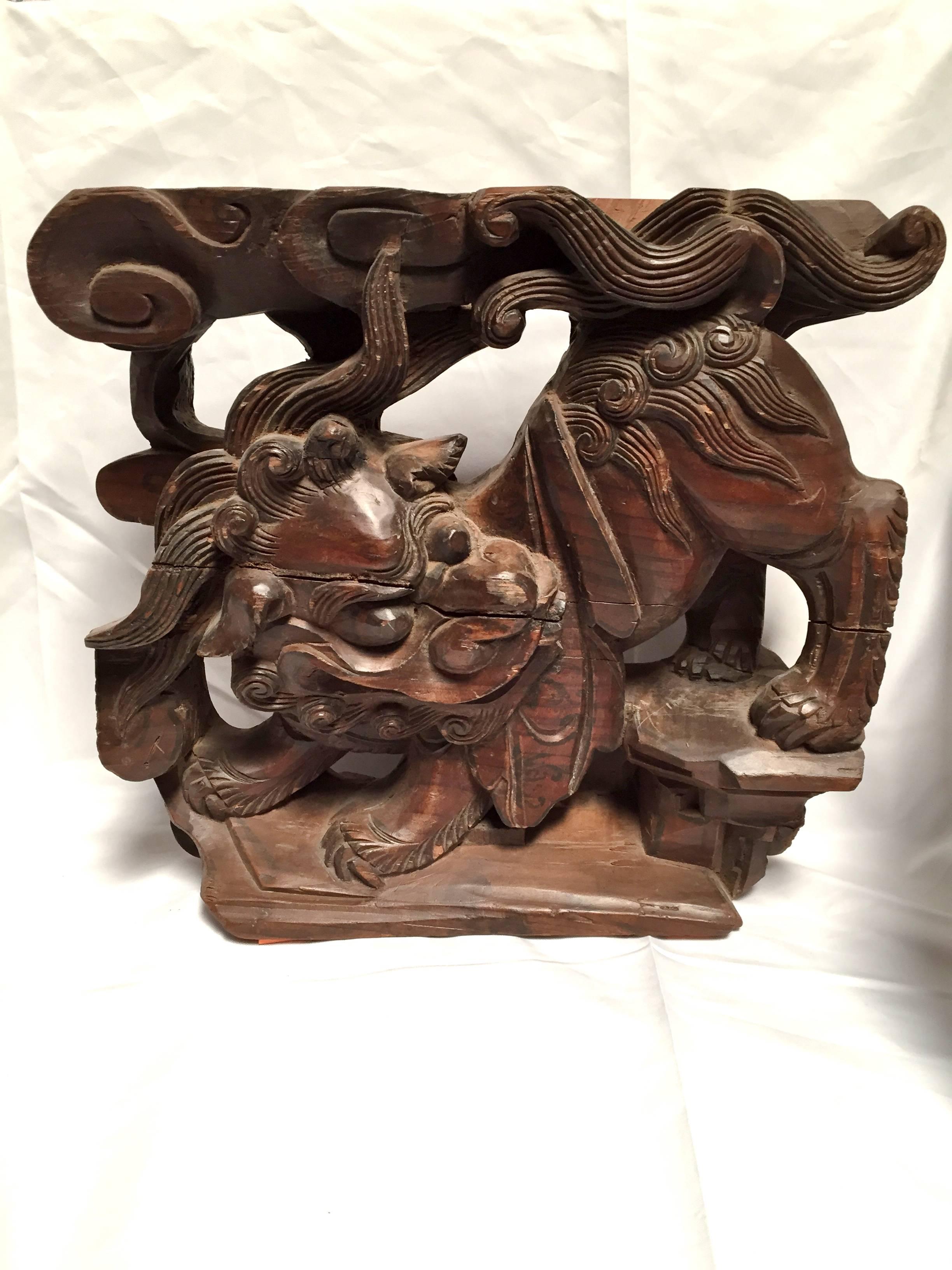 Chinese Pair Antique Carved Foo Dog Wood Blocks