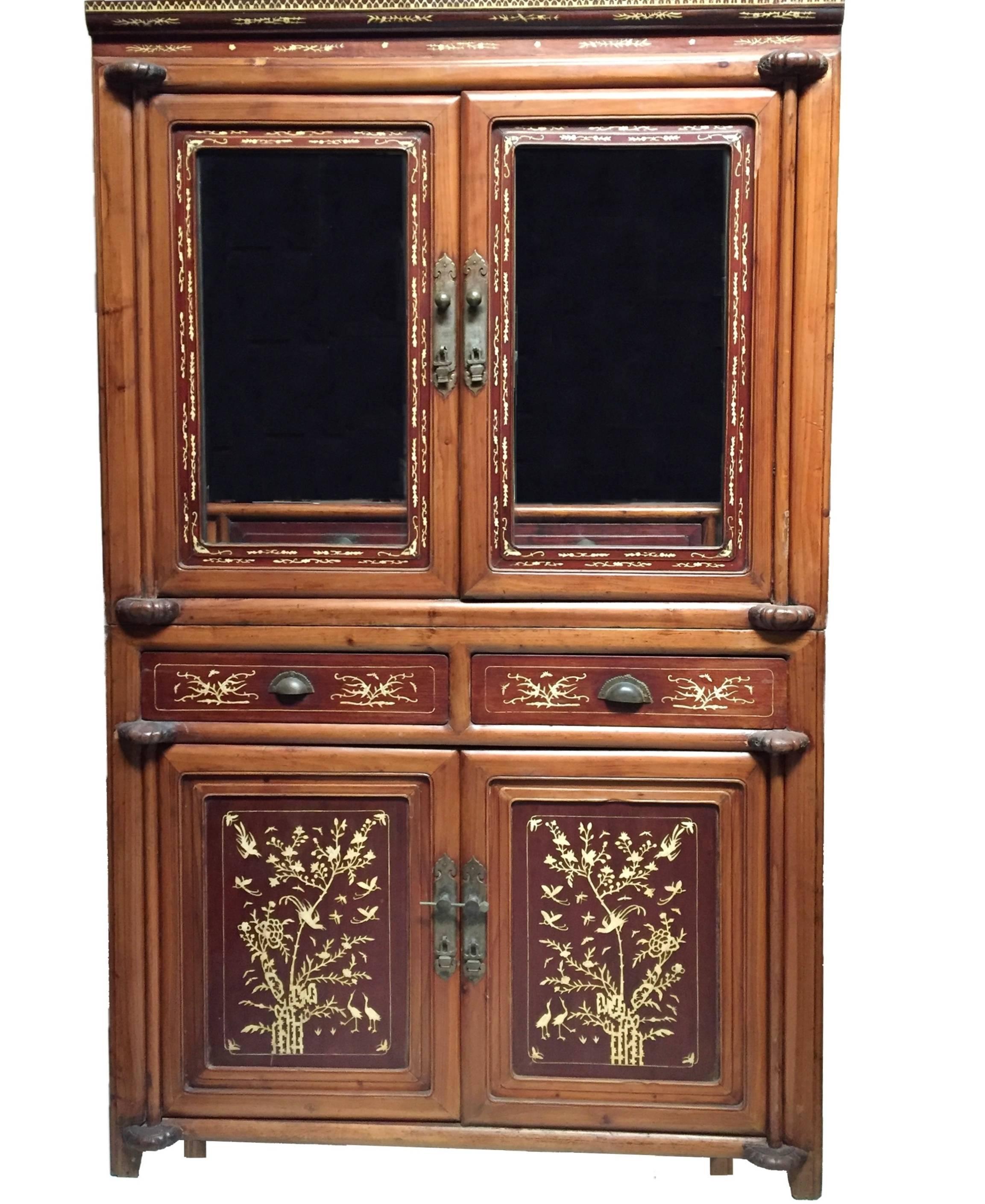 Hand-Carved Antique Bone Inlaid Cabinet Chinese Glass Curio For Sale