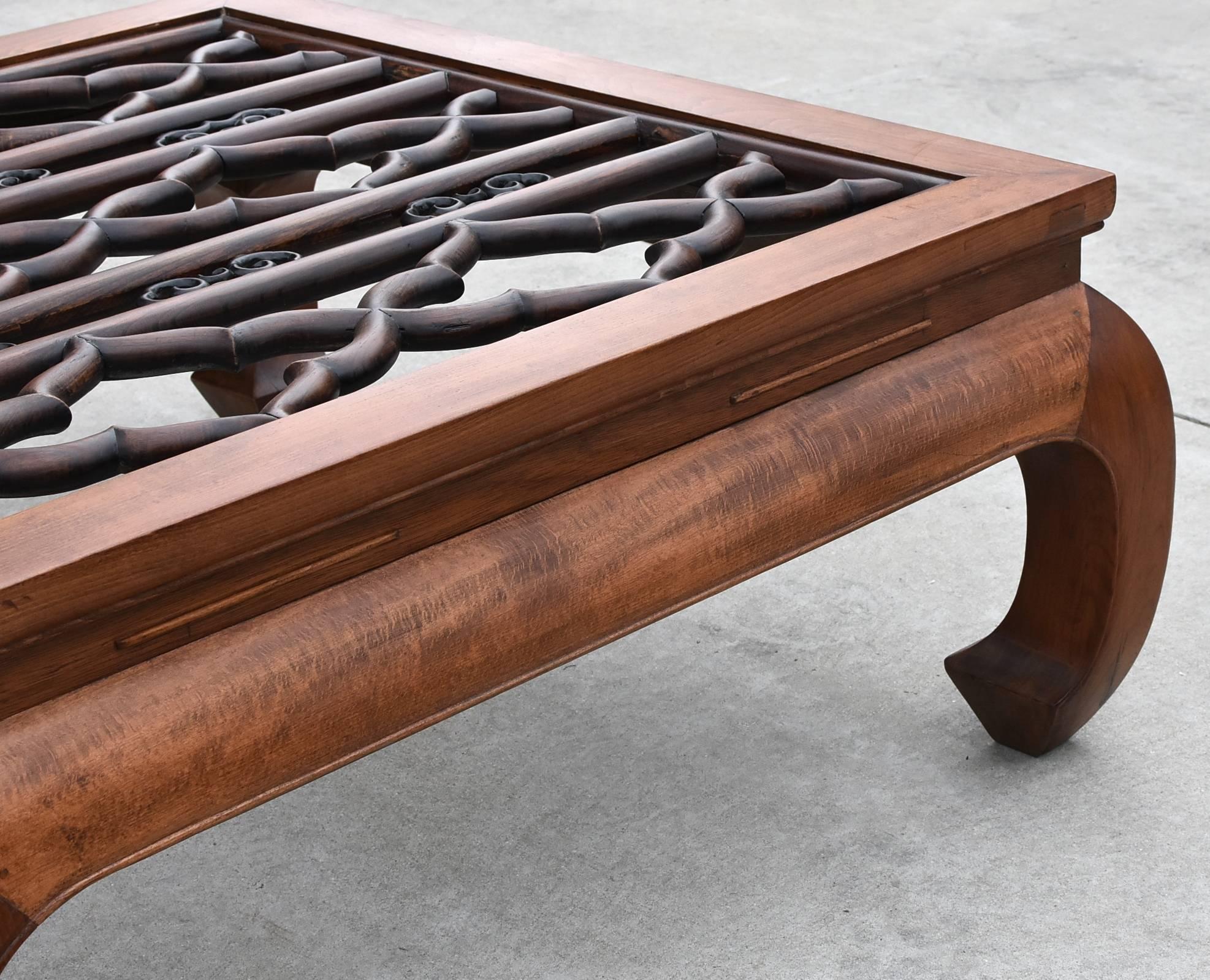 Wood Large Asian Square Coffee Table with Antique Screen Banana Legs