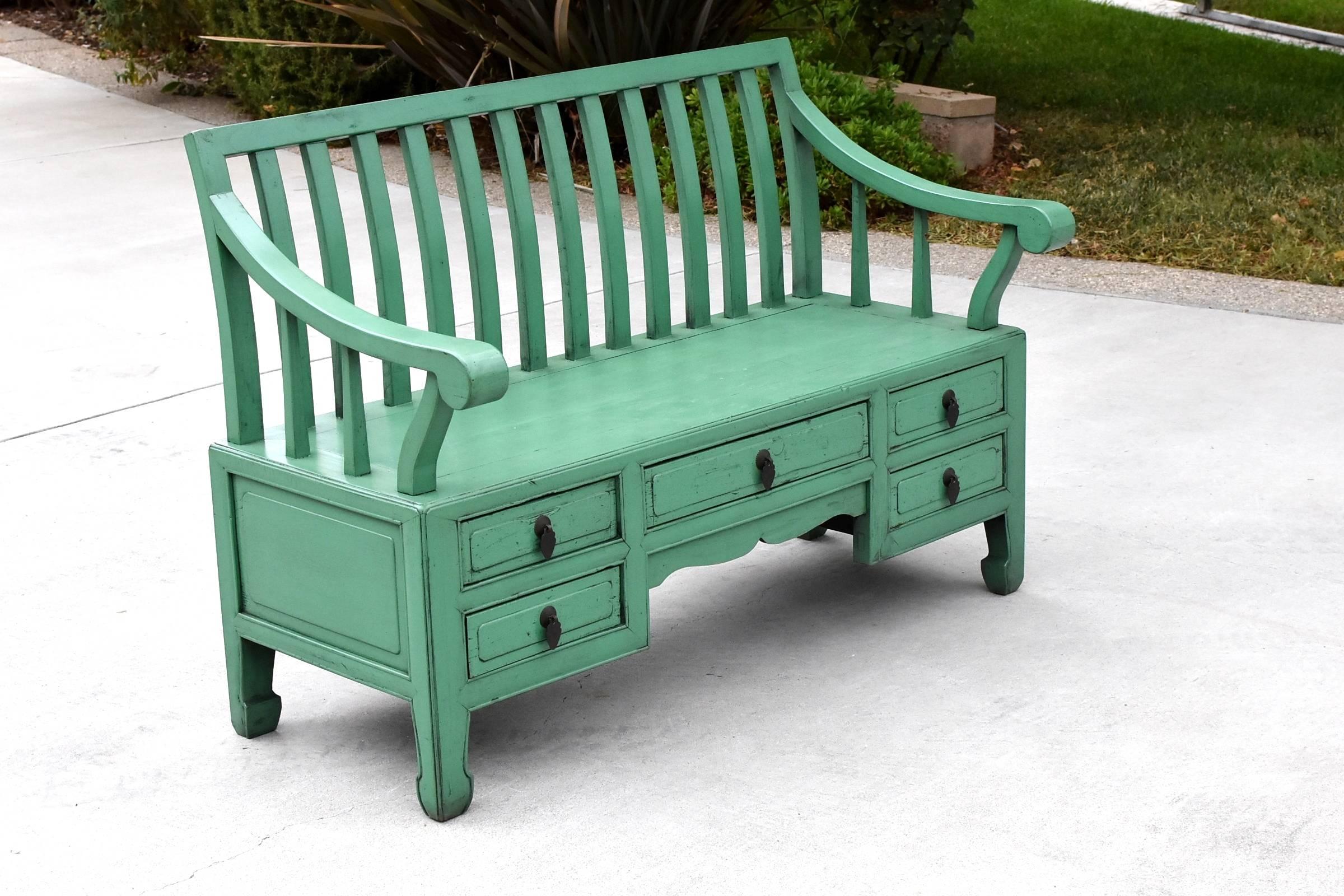 Beautiful settee has graceful back and arms with five full length drawers. Fabulous green finish enhances its charm. A perfect piece for a sun room, a garden, in the hall way near the entrance of the home, or any areas you need seating. Solid wood.