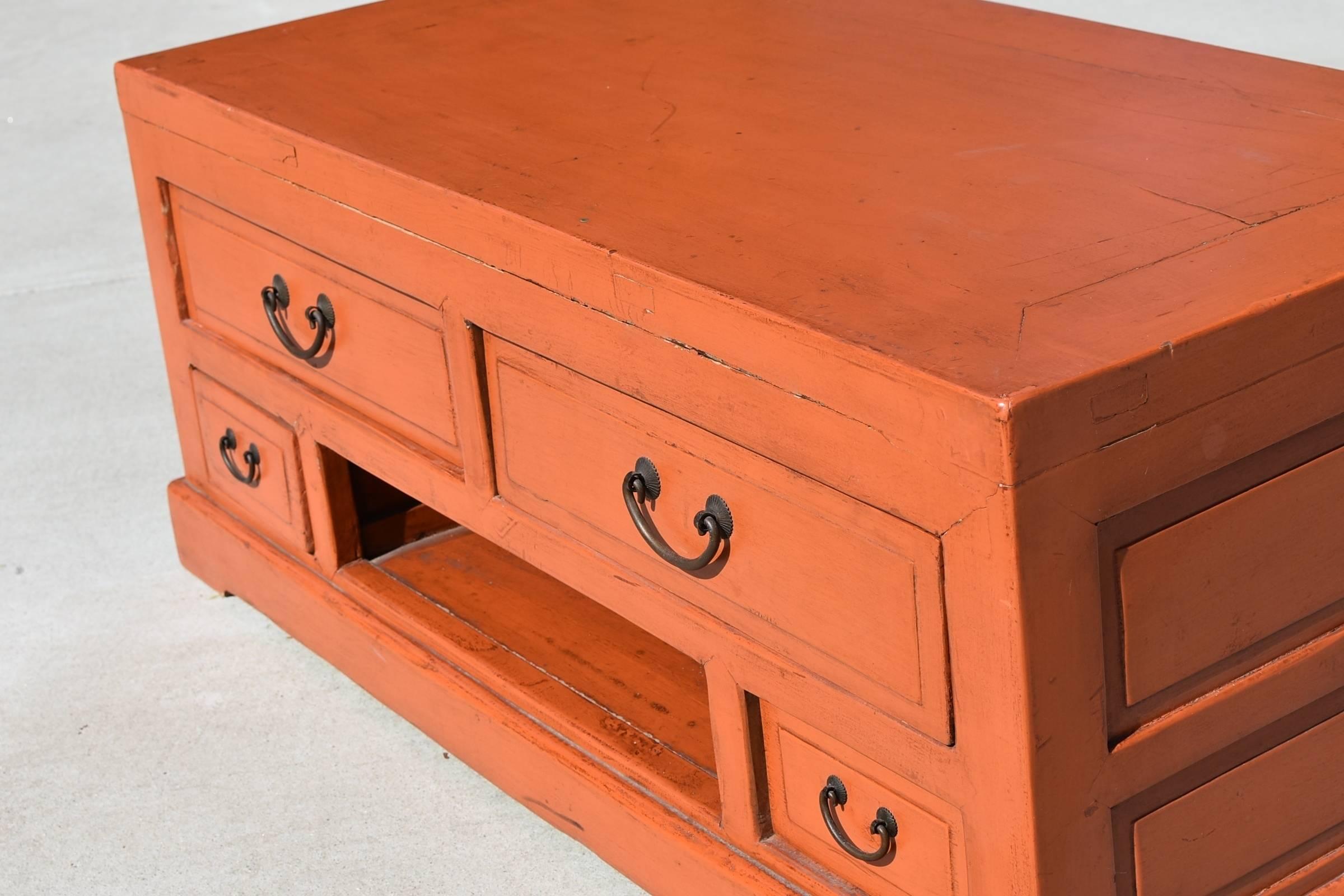 Chinese Orange Asian Low Chest TV Stand Solid wood
