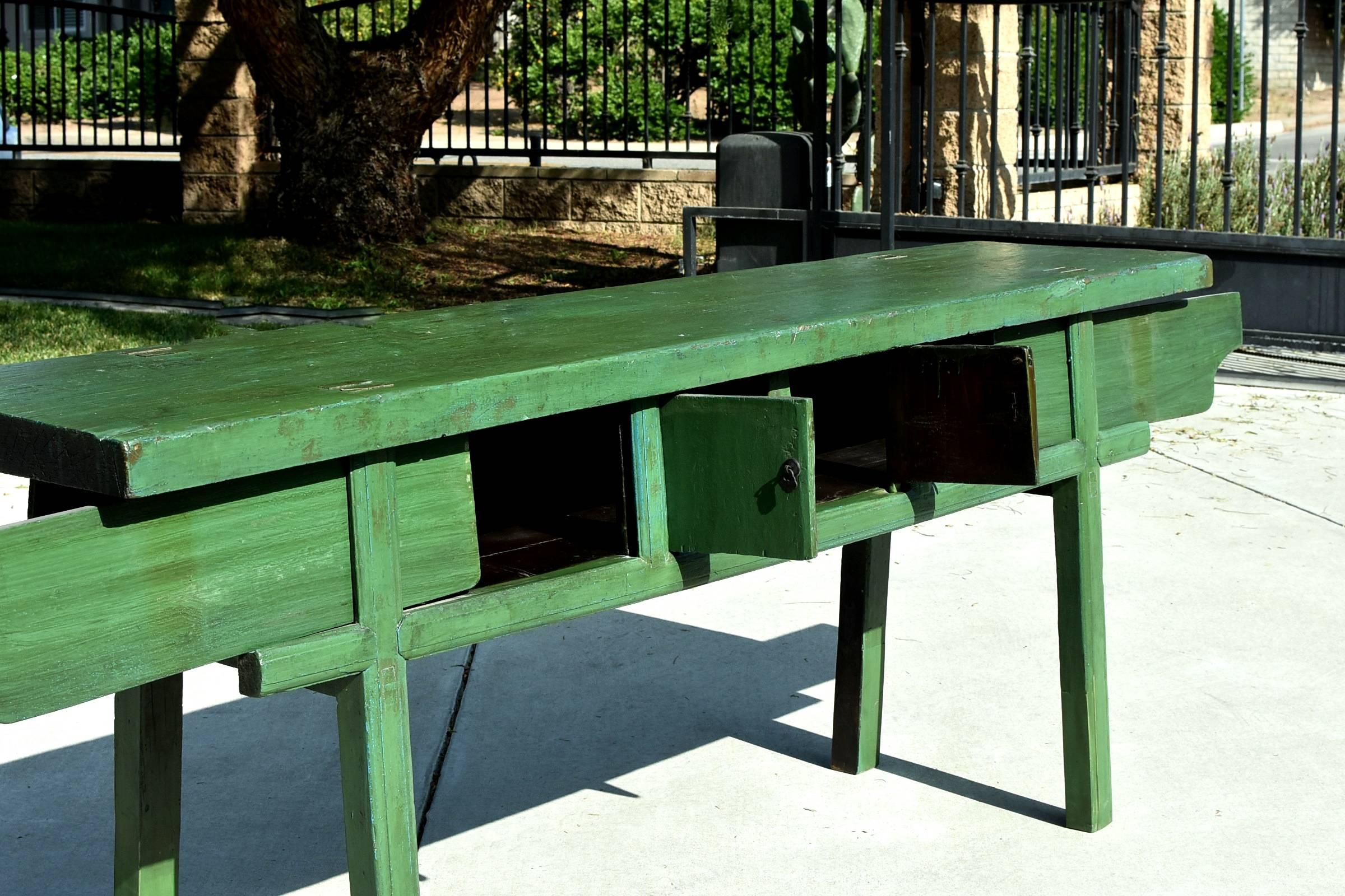 Green Rustic Antique Farm Table, Single Board, Sliding Doors In Good Condition In Somis, CA