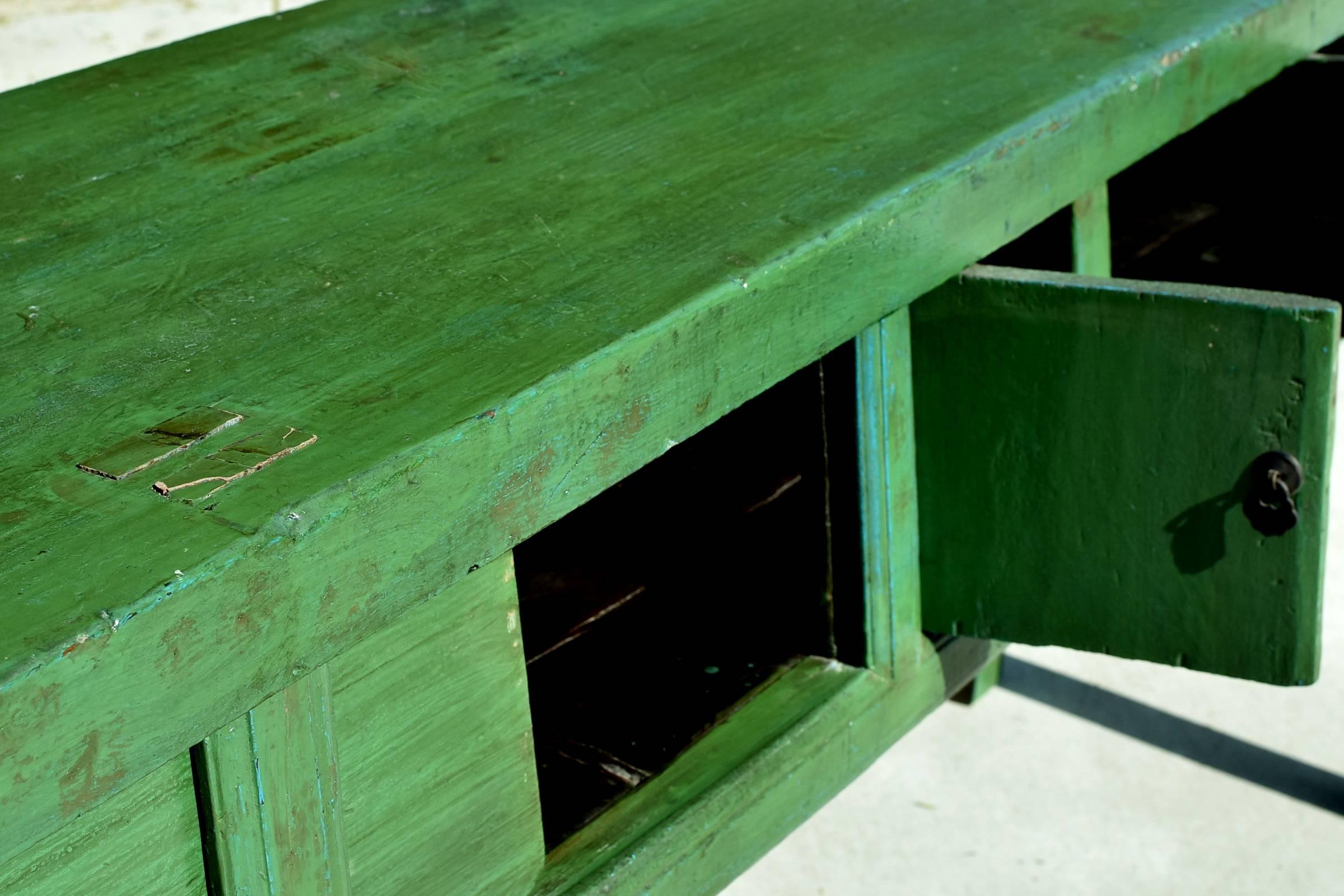 19th Century Green Rustic Antique Farm Table, Single Board, Sliding Doors