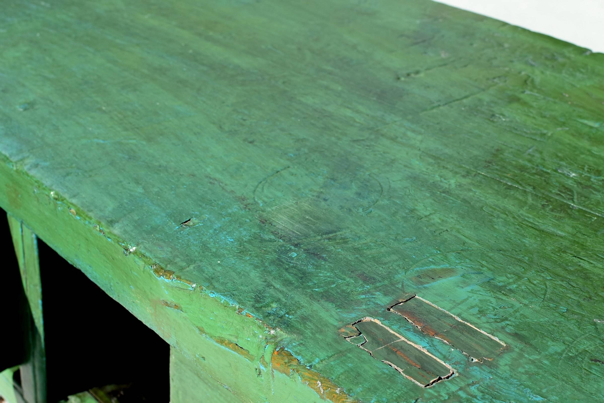 Wood Green Rustic Antique Farm Table, Single Board, Sliding Doors